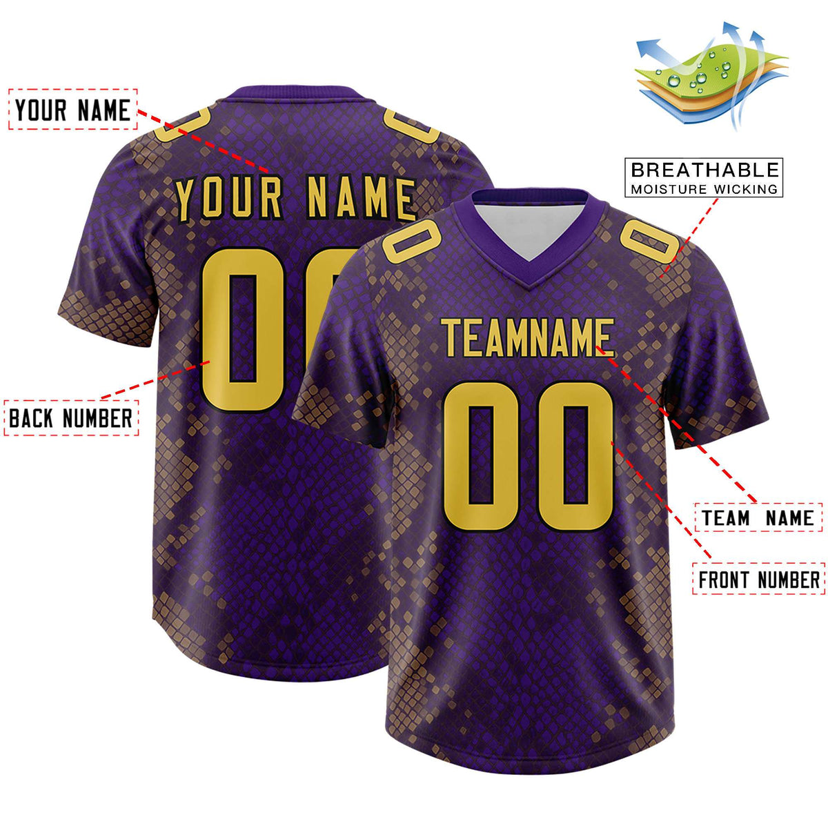 Custom Purple Personalized Snakeskin Graffiti Pattern Authentic Football Jersey