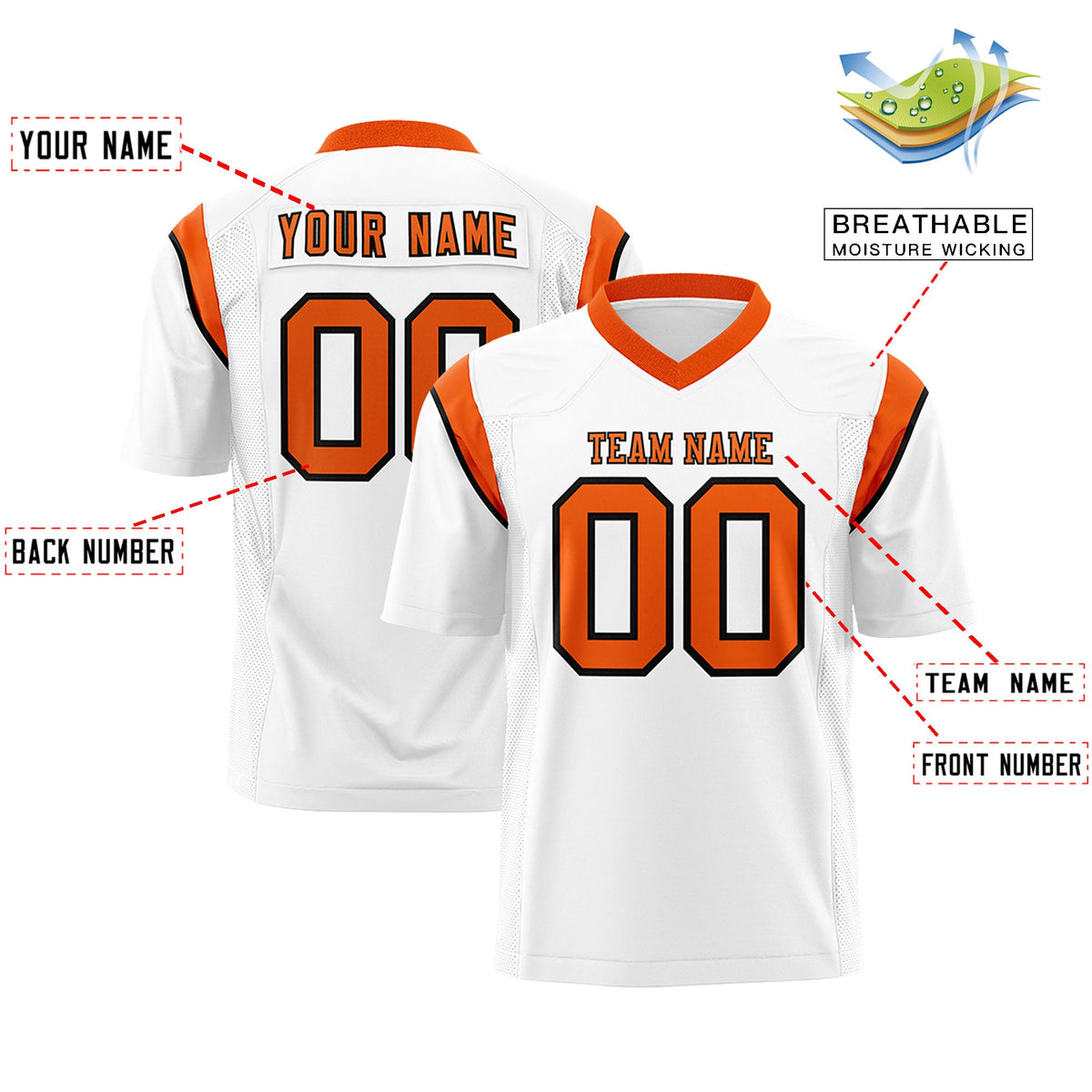 Custom Flag Football Jersey | White Orange Color Block For Youth &amp; Men | Add Name, Number &amp; Logo | KXKSHOP