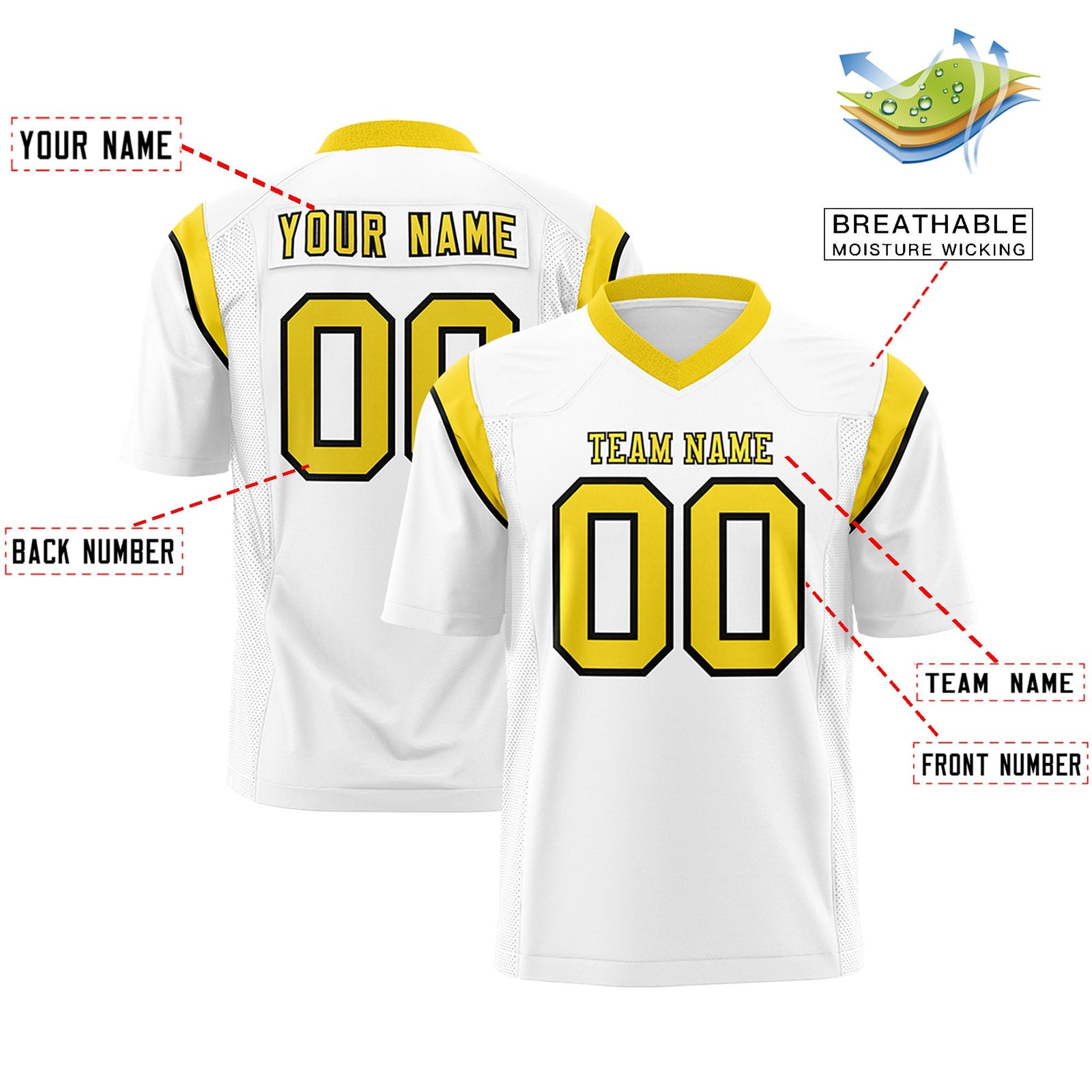 Custom Flag Football Jersey | White Gold Color Block For Youth & Men | Add Name, Number & Logo | KXKSHOP