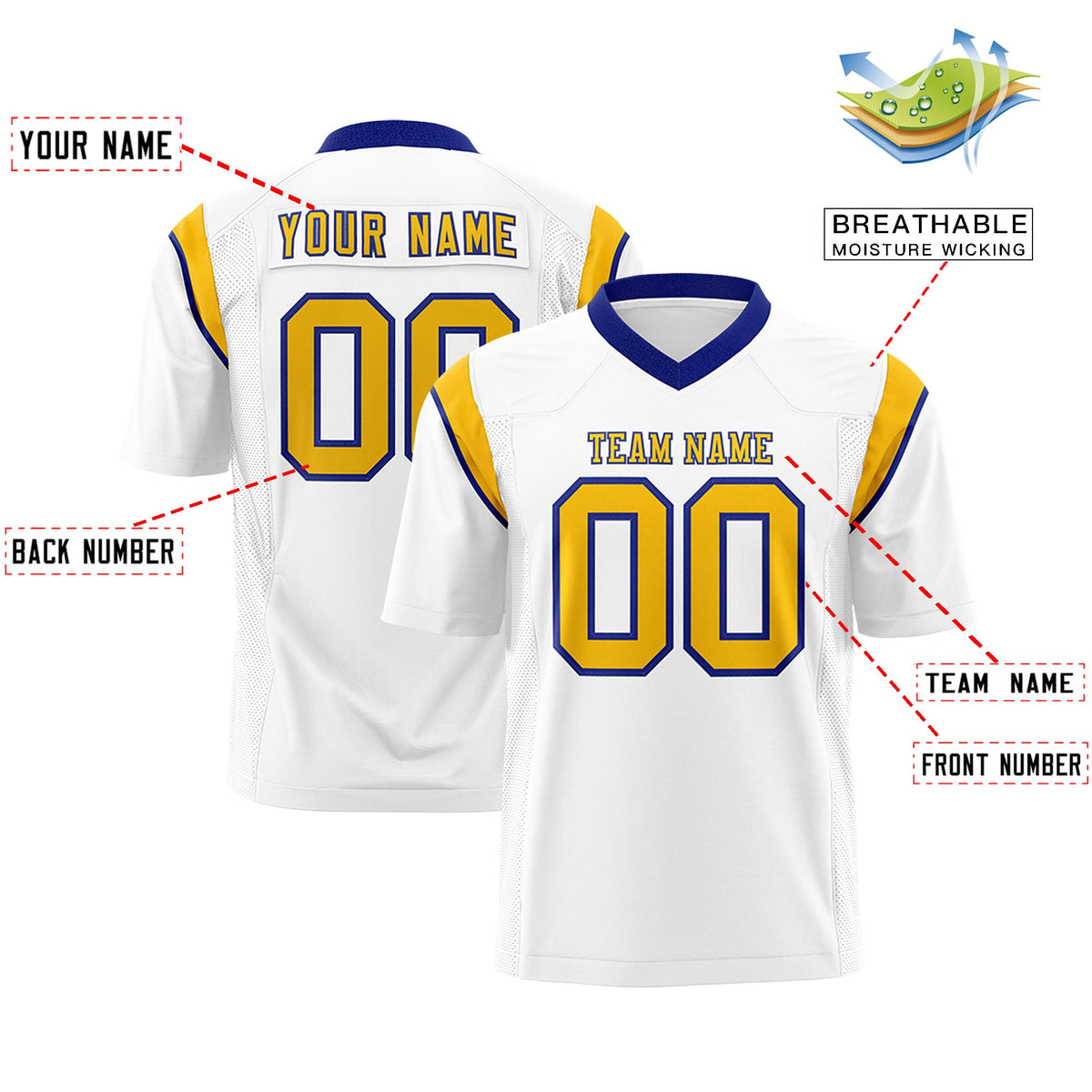 Custom Flag Football Jersey | White Yellow Color Block For Youth &amp; Men | Add Name, Number &amp; Logo | KXKSHOP