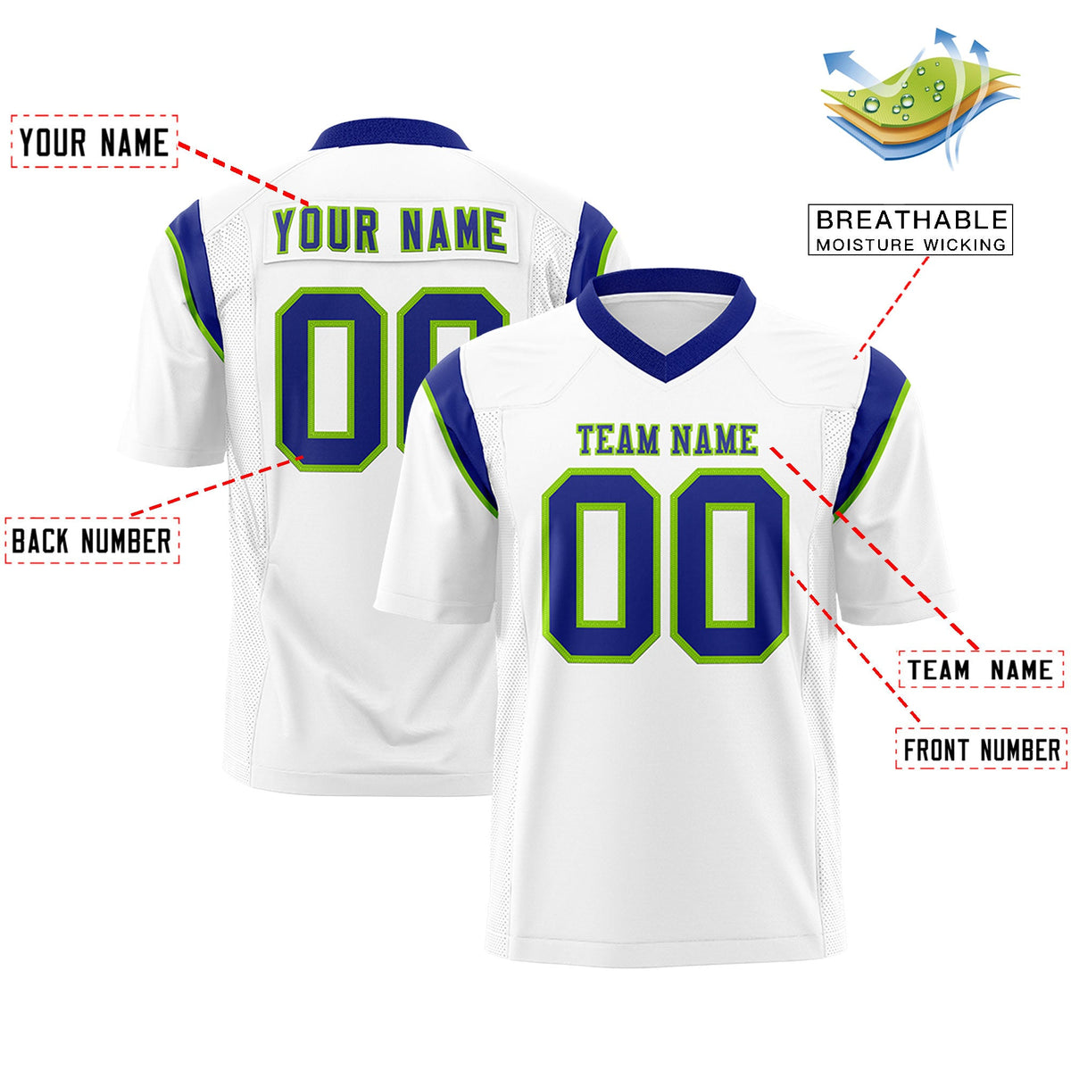 Custom Flag Football Jersey | White Neon Green Color Block For Youth &amp; Men | Add Name, Number &amp; Logo | KXKSHOP
