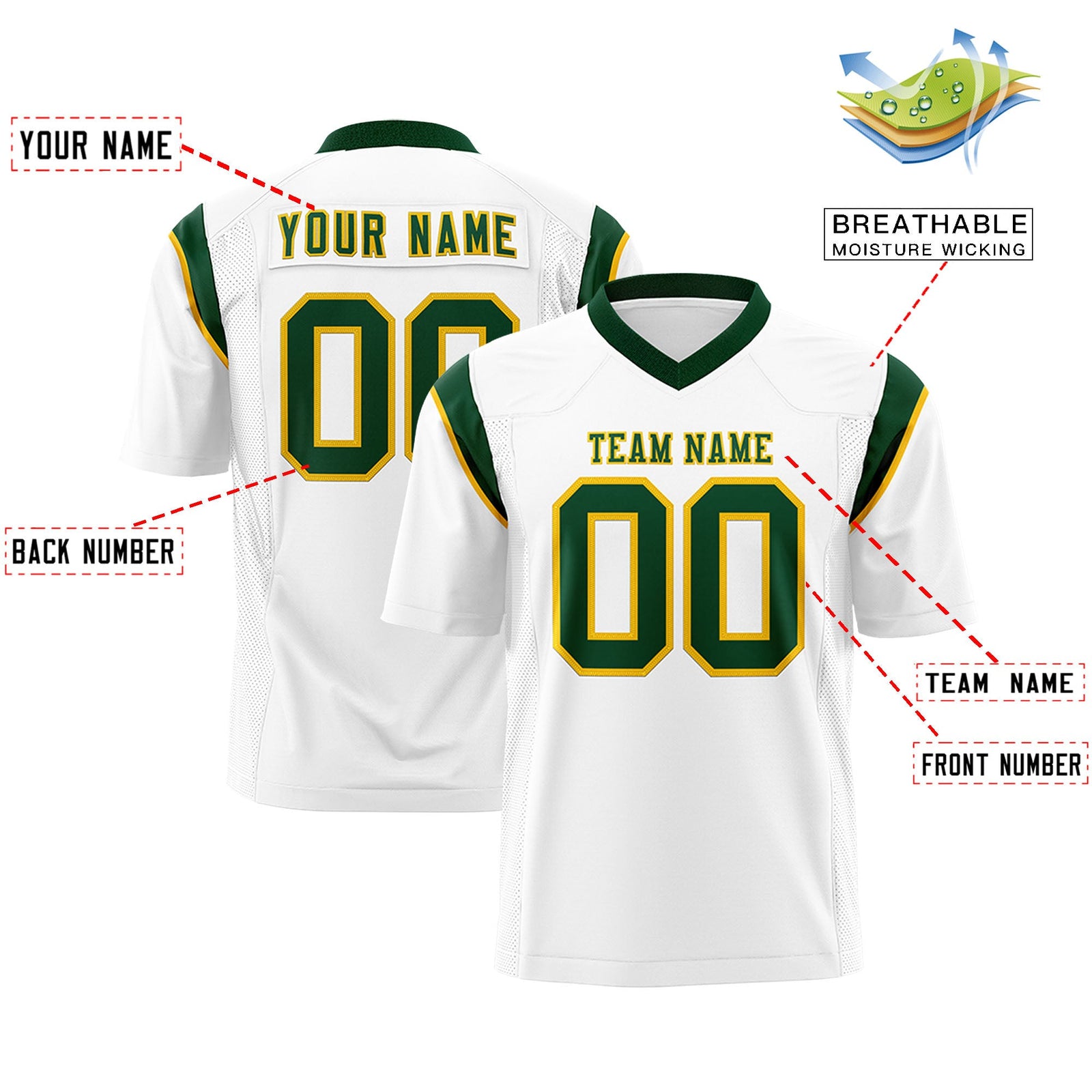 Custom Flag Football Jersey | White Green Color Block For Youth & Men | Add Name, Number & Logo | KXKSHOP