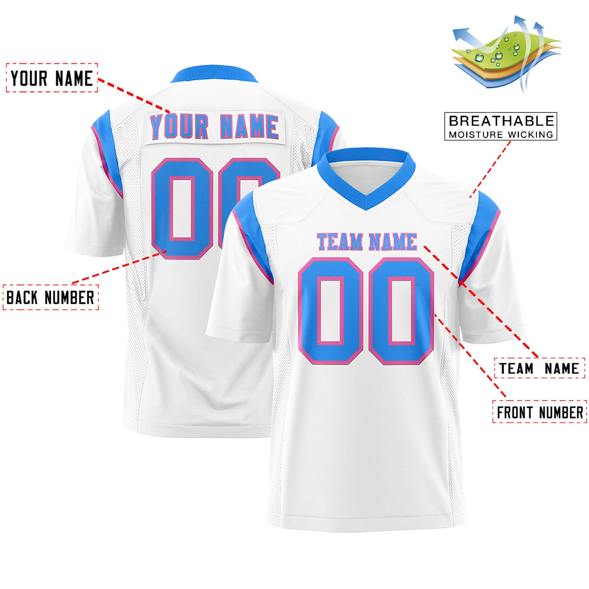 Custom Flag Football Jersey | White Powder Blue Color Block For Youth &amp; Men | Add Name, Number &amp; Logo | KXKSHOP