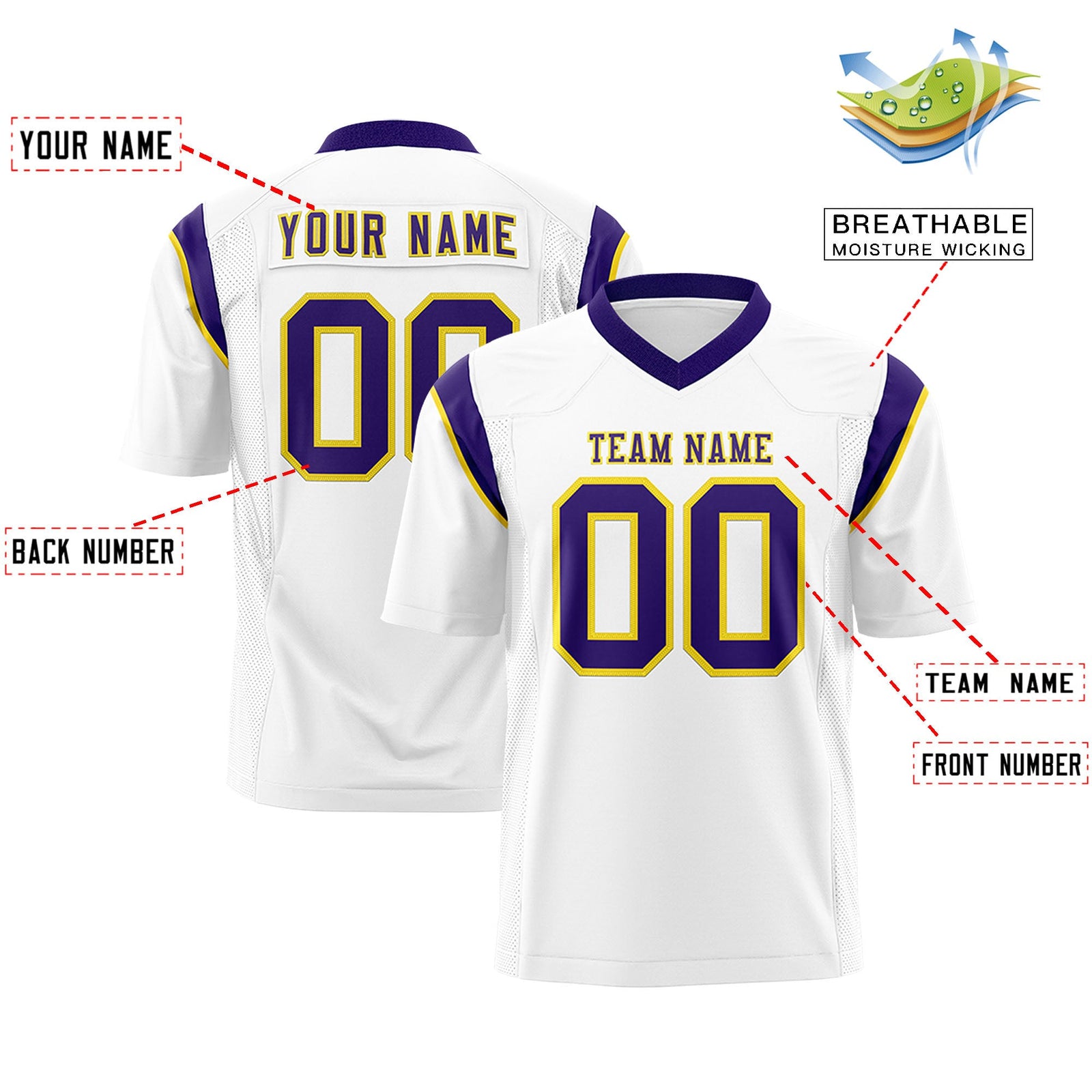 Custom Flag Football Jersey | White Purple Color Block For Youth & Men | Add Name, Number & Logo | KXKSHOP