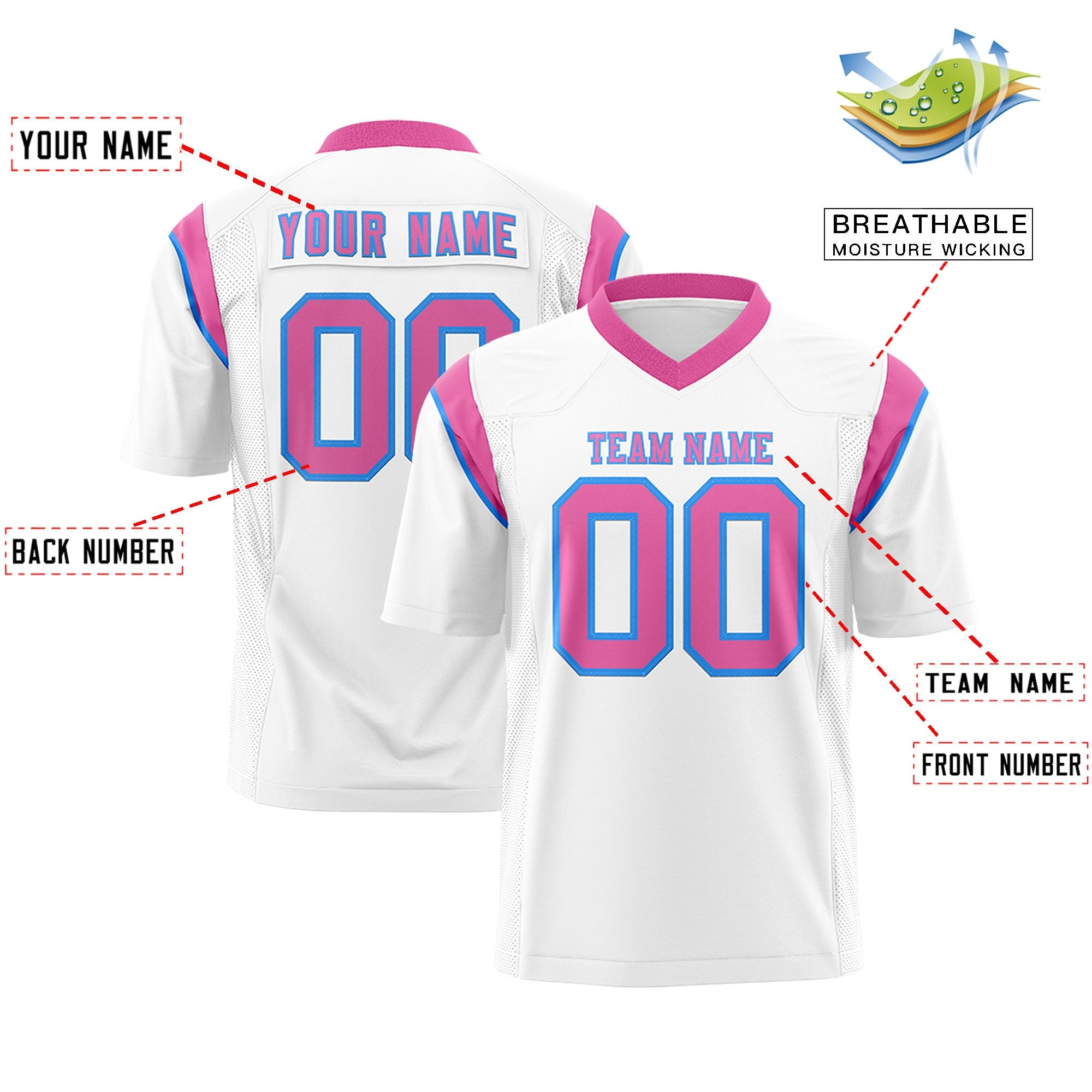 Custom Flag Football Jersey | White Pink Color Block For Youth & Men | Add Name, Number & Logo | KXKSHOP