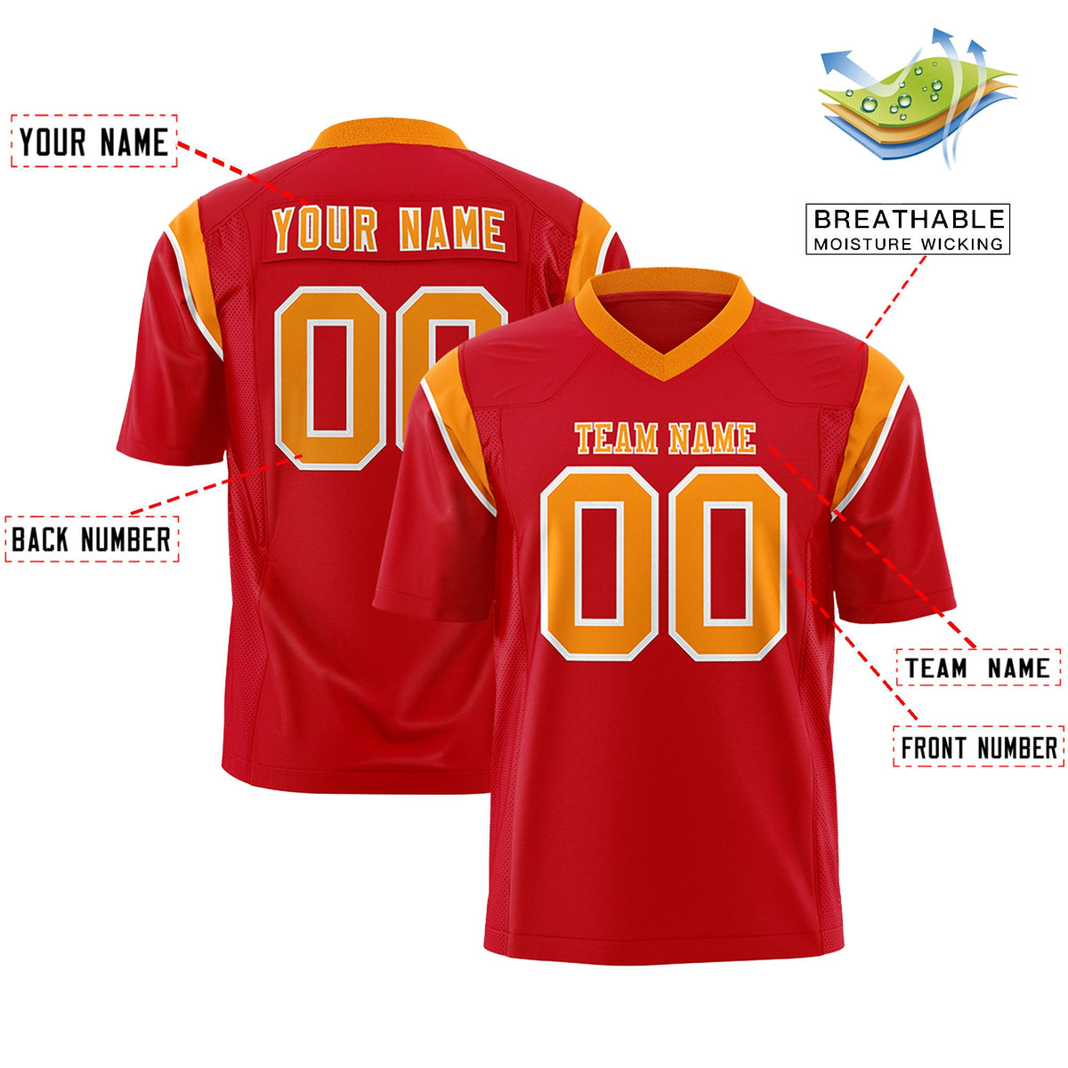 Custom Flag Football Jersey | Red Orange Color Block For Youth &amp; Men | Add Name, Number &amp; Logo | KXKSHOP