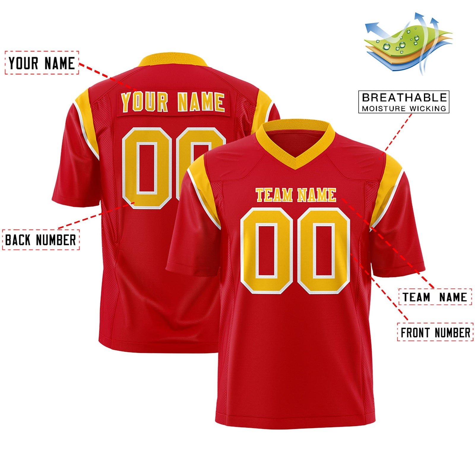 Custom Flag Football Jersey | Red Yellow Color Block For Youth & Men | Add Name, Number & Logo | KXKSHOP