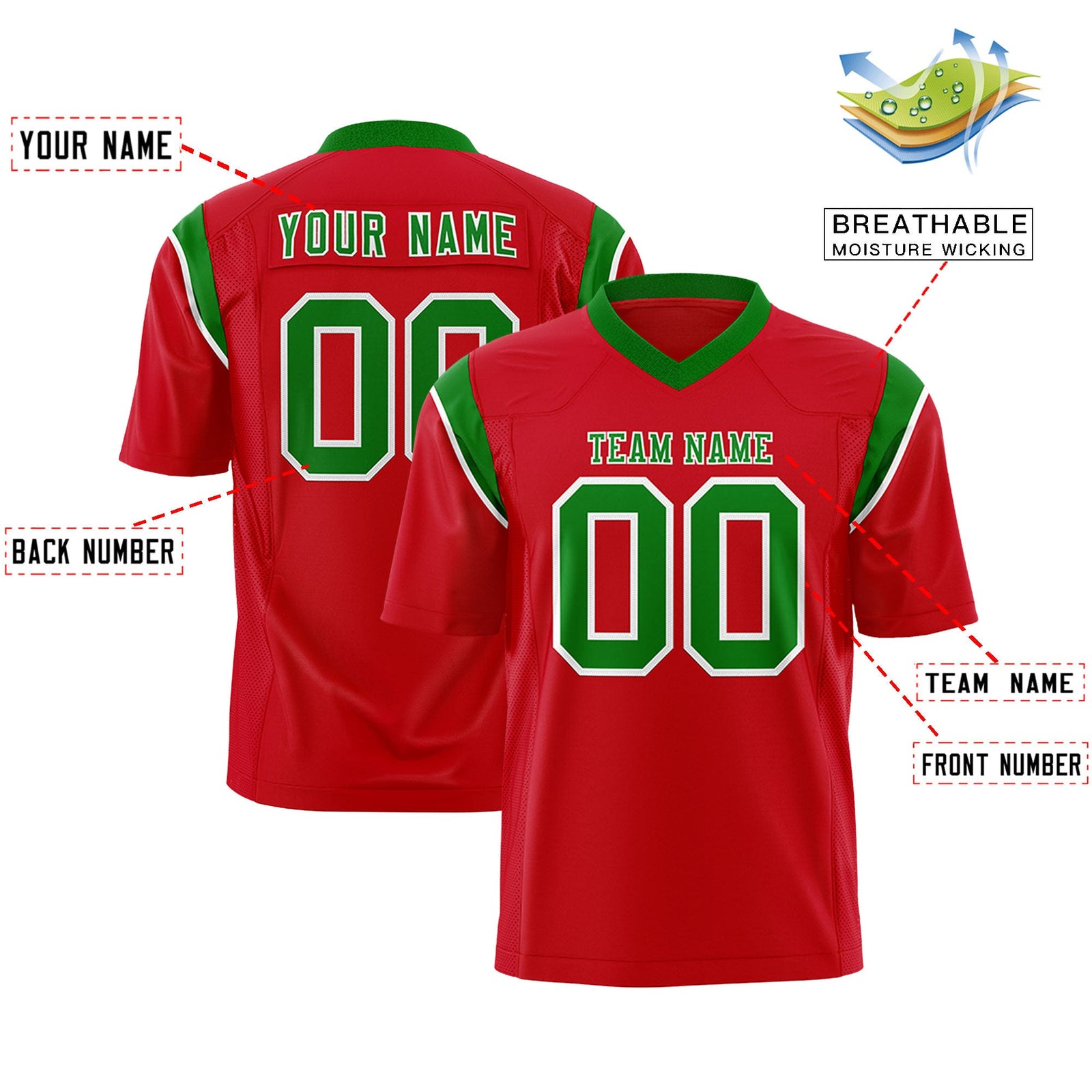 Custom Flag Football Jersey | Red Kelly Green Color Block For Youth & Men | Add Name, Number & Logo | KXKSHOP