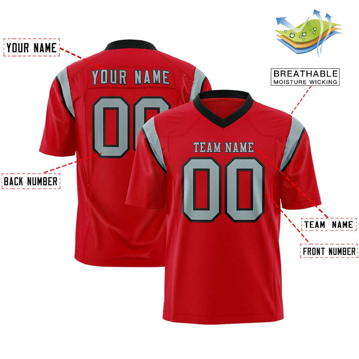 Custom Flag Football Jersey | Red Gray Color Block For Youth &amp; Men | Add Name, Number &amp; Logo | KXKSHOP