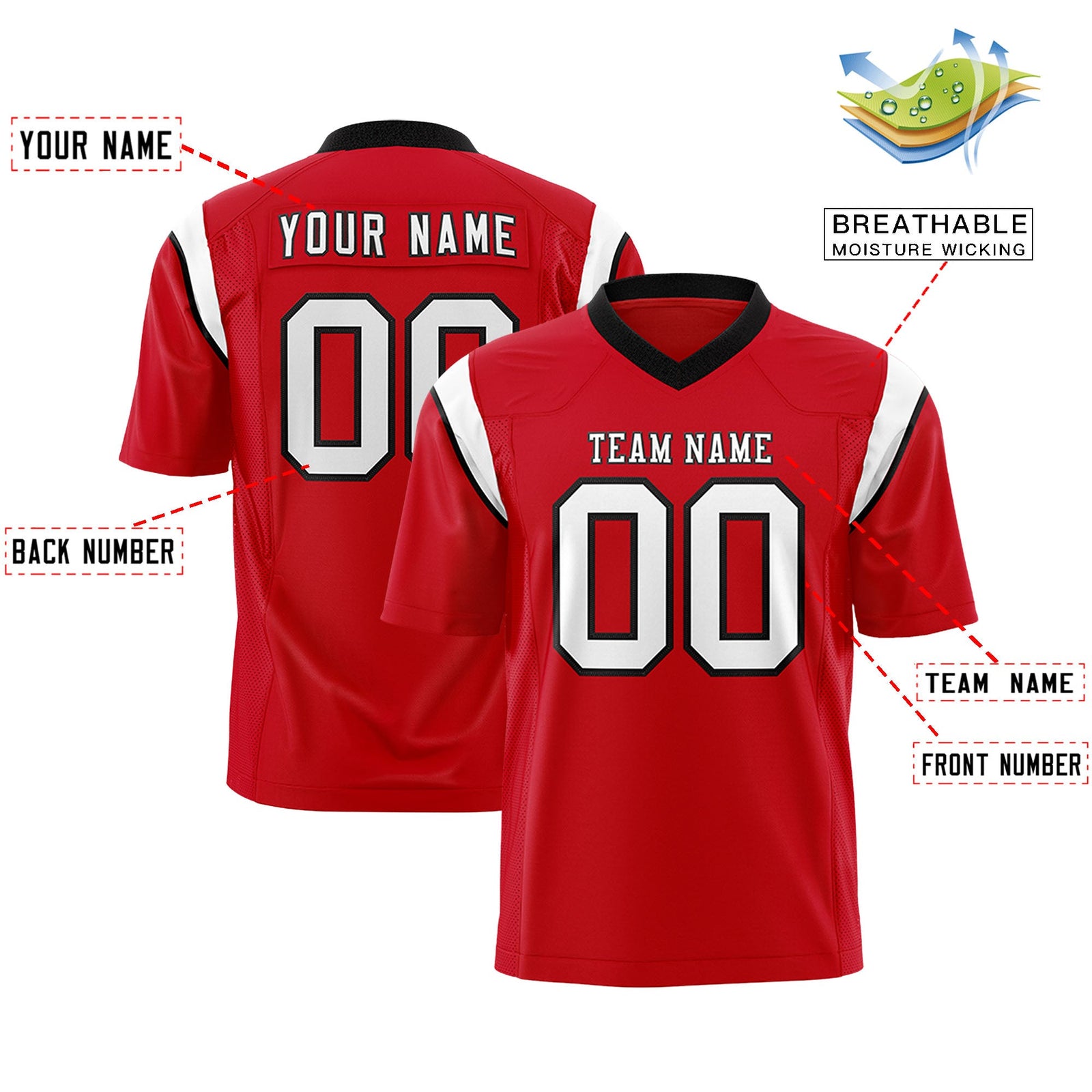 Custom Flag Football Jersey | Red White Color Block For Youth & Men | Add Name, Number & Logo | KXKSHOP