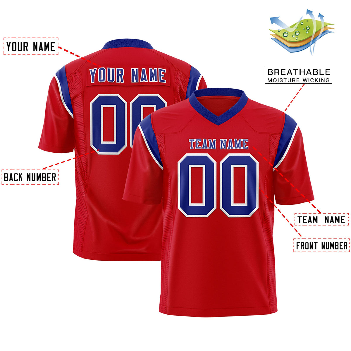 Custom Flag Football Jersey | Red Royal Color Block For Youth &amp; Men | Add Name, Number &amp; Logo | KXKSHOP