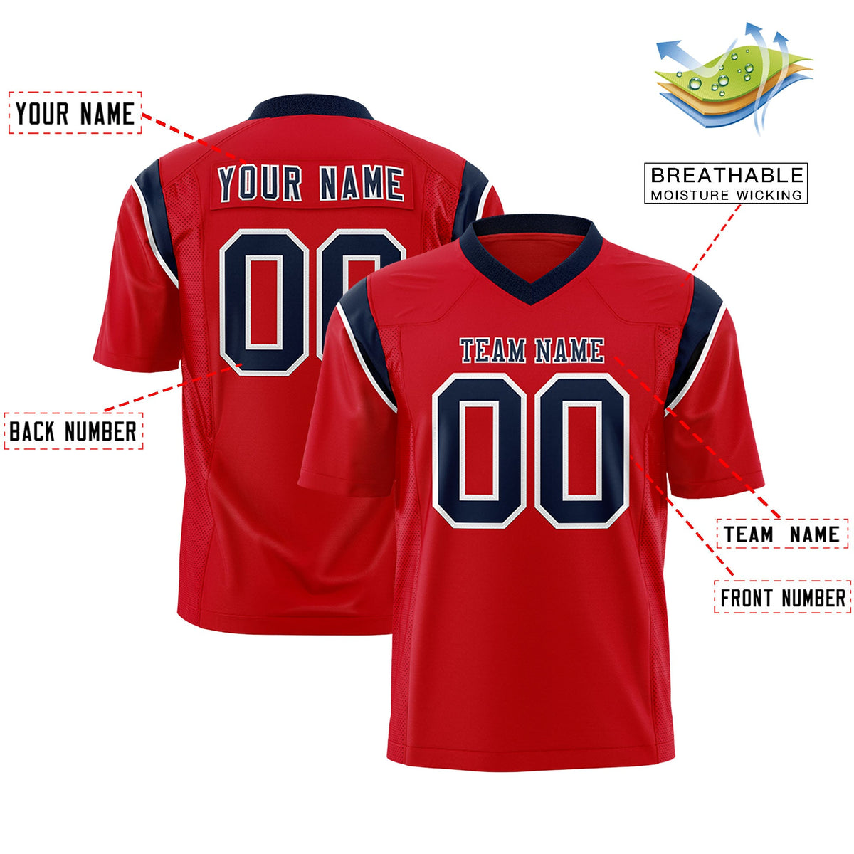 Custom Flag Football Jersey | Red Navy Color Block For Youth &amp; Men | Add Name, Number &amp; Logo | KXKSHOP