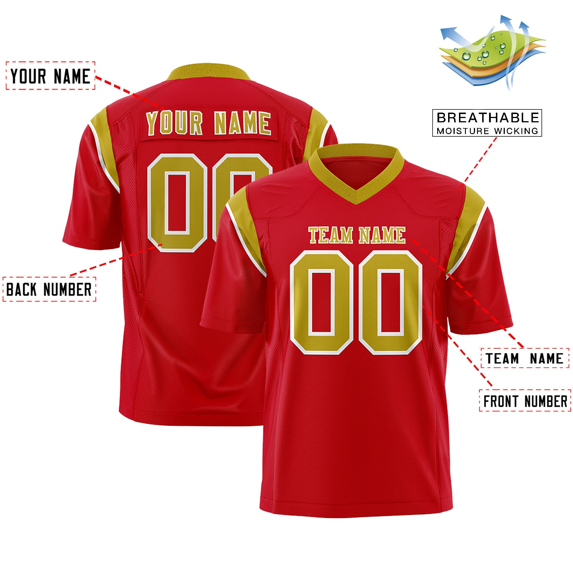 Custom Flag Football Jersey | Red Old Gold Color Block For Youth & Men | Add Name, Number & Logo | KXKSHOP