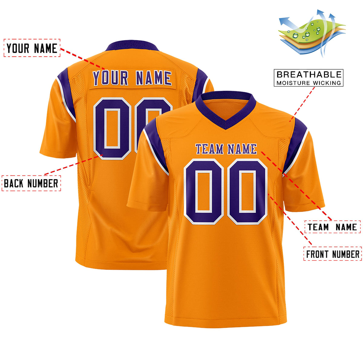 Custom Flag Football Jersey | Gold Orange Purple Color Block For Youth &amp; Men | Add Name, Number &amp; Logo | KXKSHOP