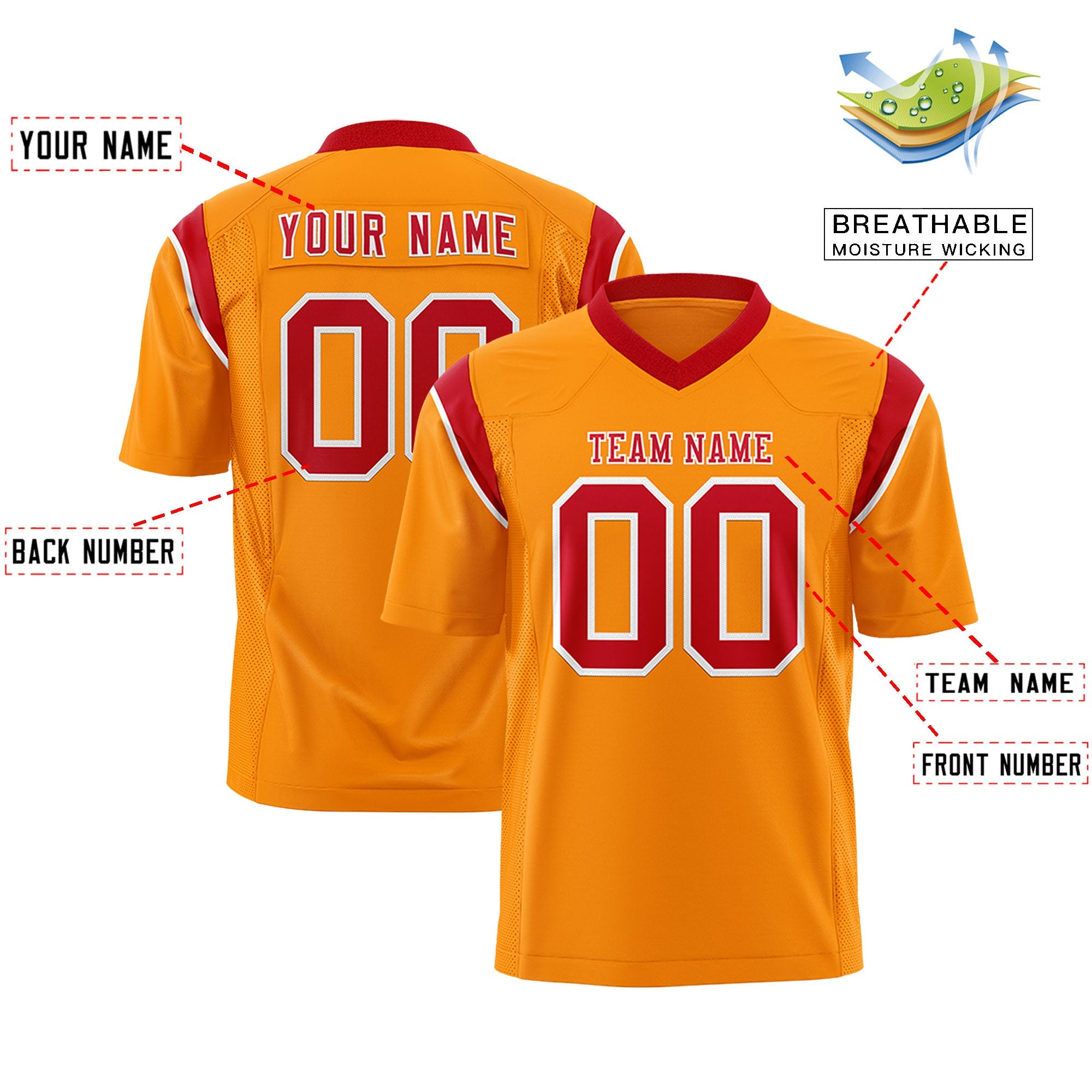 Custom Gold Orange Red Personalized Shoulder Cut Two-Tone Authentic Football Jersey