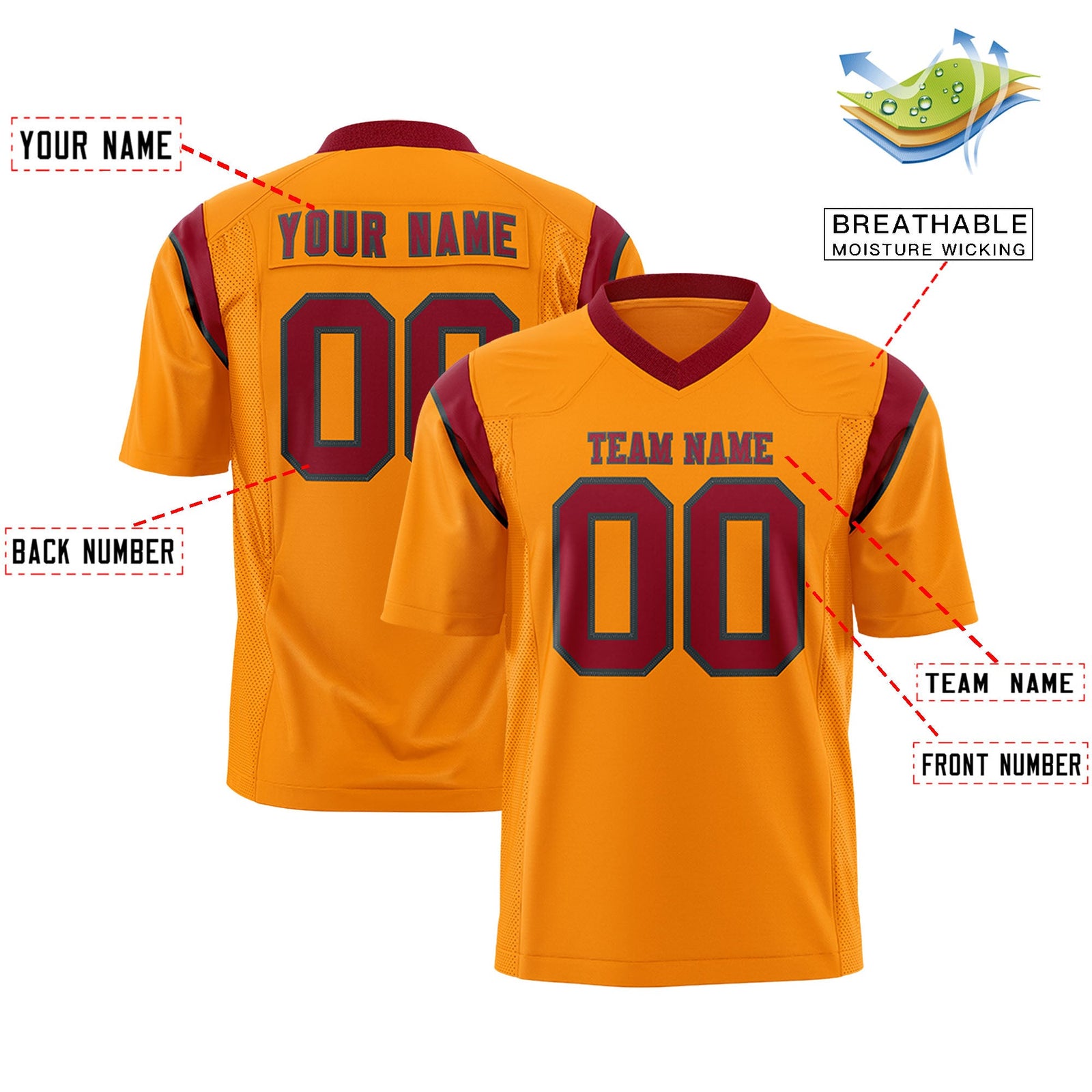 Custom Flag Football Jersey | Gold Orange Cardinal Color Block For Youth & Men | Add Name, Number & Logo | KXKSHOP