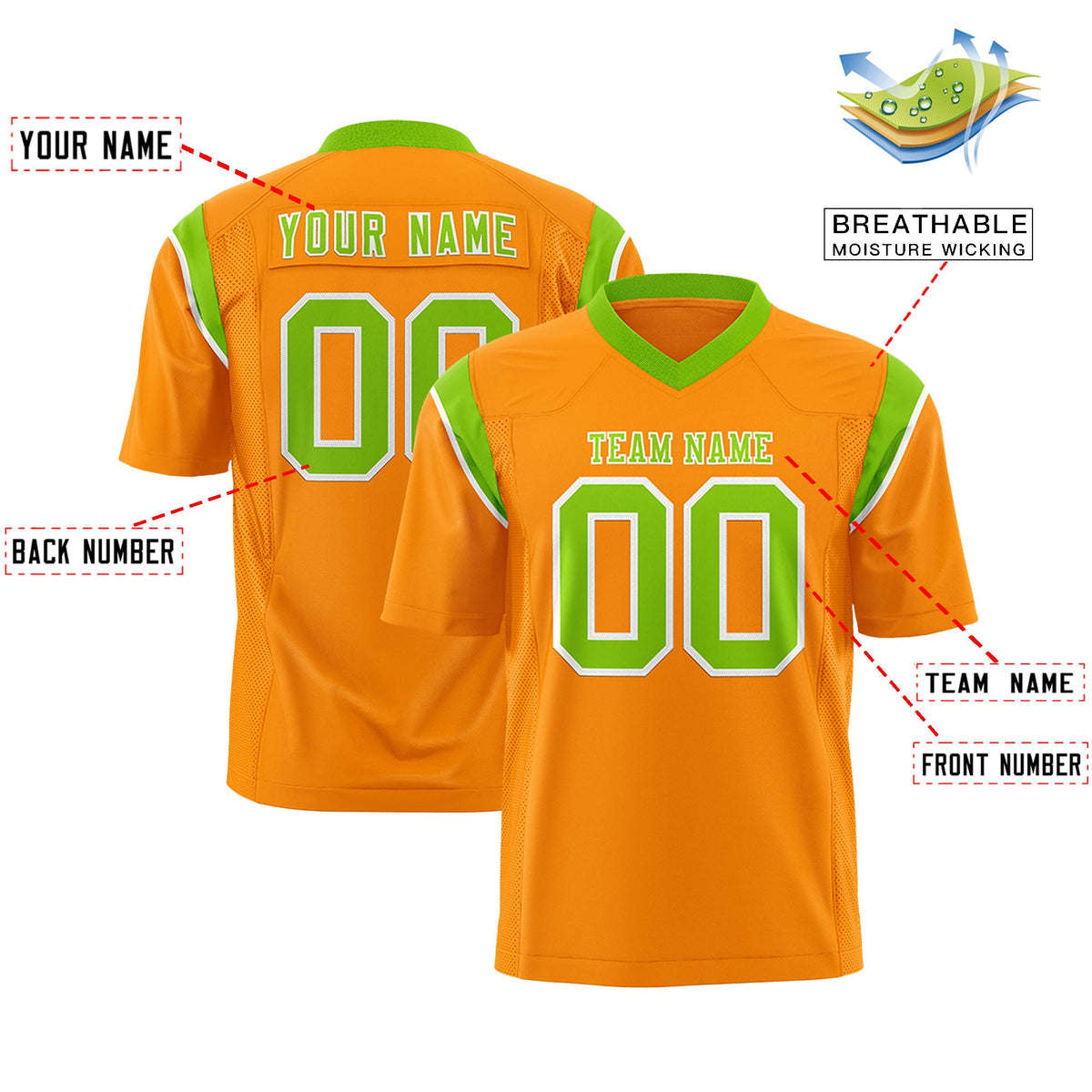 Custom Flag Football Jersey | Gold Orange Neon Green Color Block For Youth &amp; Men | Add Name, Number &amp; Logo | KXKSHOP