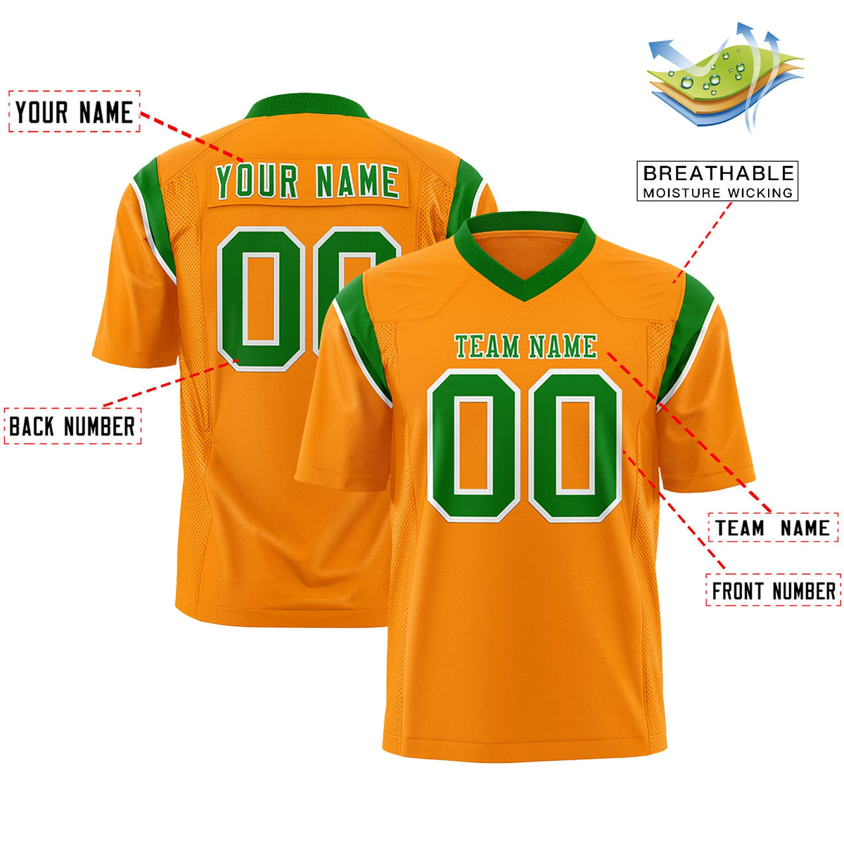 Custom Flag Football Jersey | Gold Orange Kelly Green Color Block For Youth &amp; Men | Add Name, Number &amp; Logo | KXKSHOP