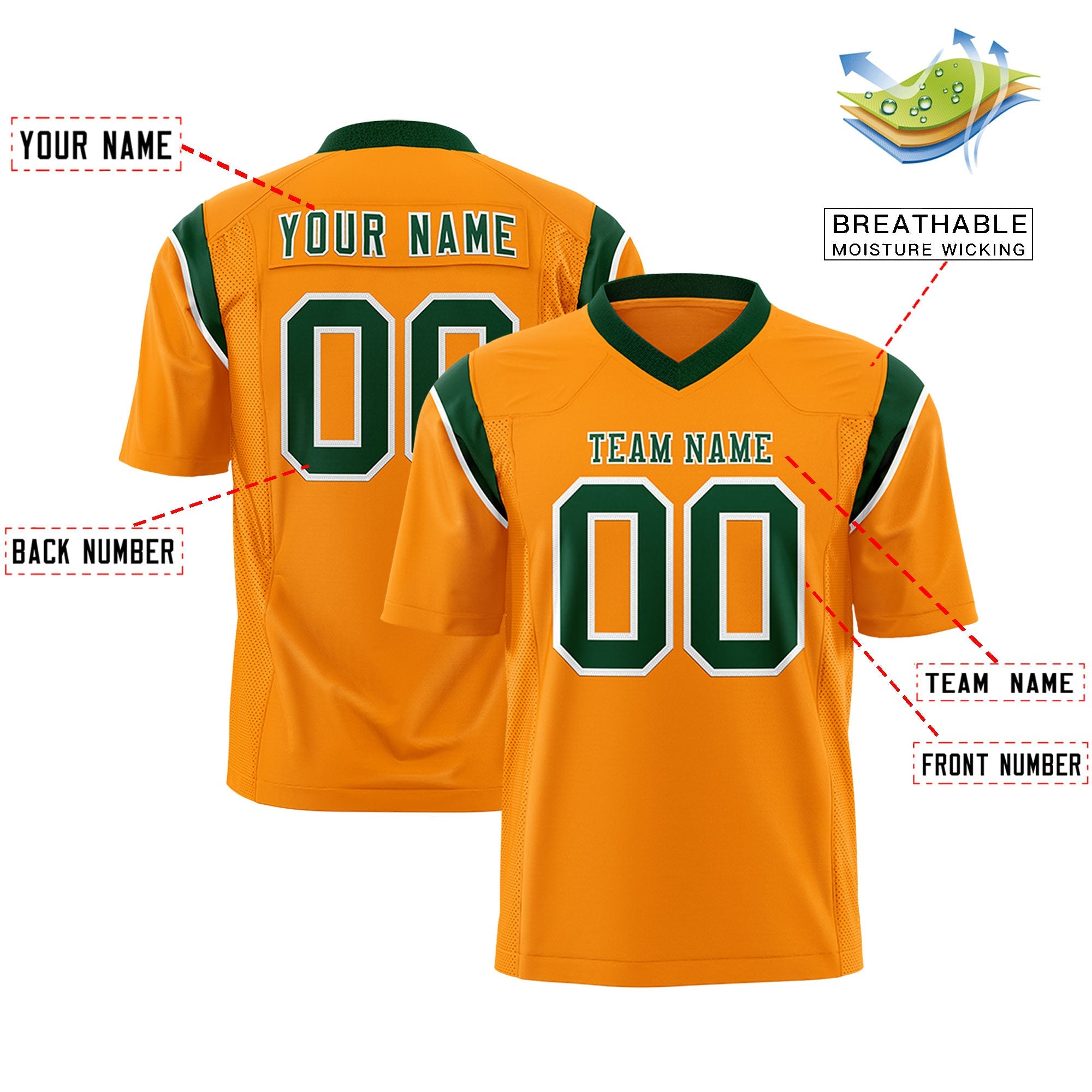 Custom Gold Orange Green Personalized Shoulder Cut Two-Tone Authentic Football Jersey