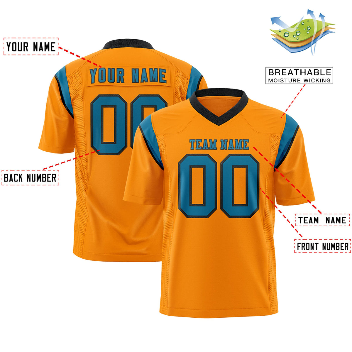 Custom Flag Football Jersey | Gold Orange Aqua Color Block For Youth &amp; Men | Add Name, Number &amp; Logo | KXKSHOP