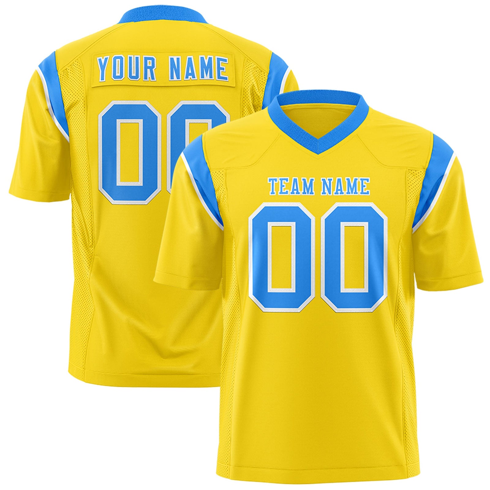 Custom Flag Football Jersey | Gold Powder Blue Color Block For Youth & Men | Add Name, Number & Logo | KXKSHOP