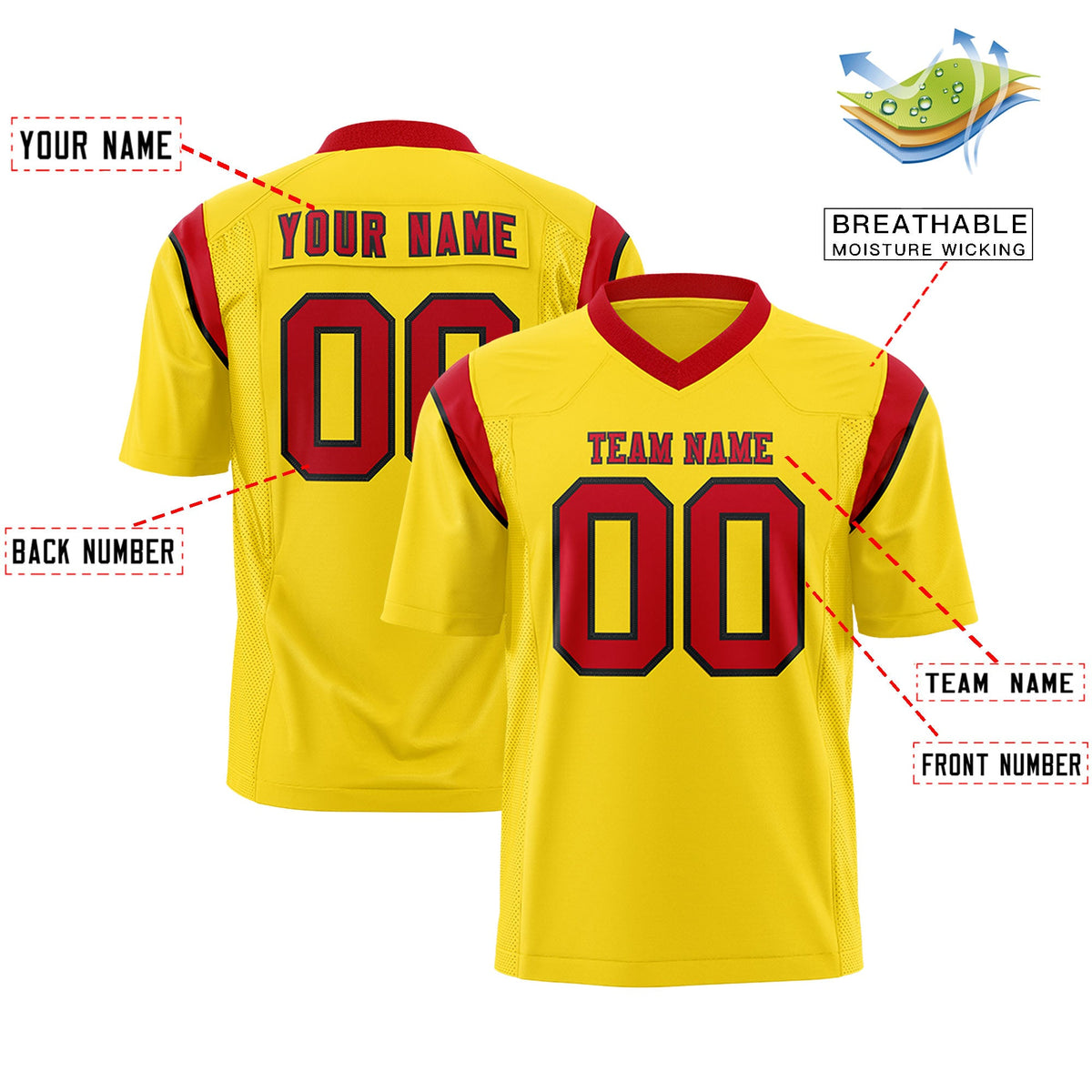 Custom Flag Football Jersey | Gold Red Color Block For Youth &amp; Men | Add Name, Number &amp; Logo | KXKSHOP