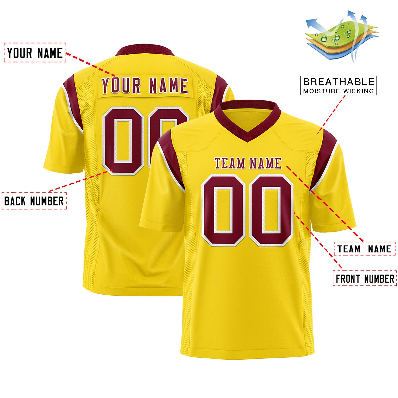 Custom Flag Football Jersey | Gold Crimson Color Block For Youth & Men | Add Name, Number & Logo | KXKSHOP