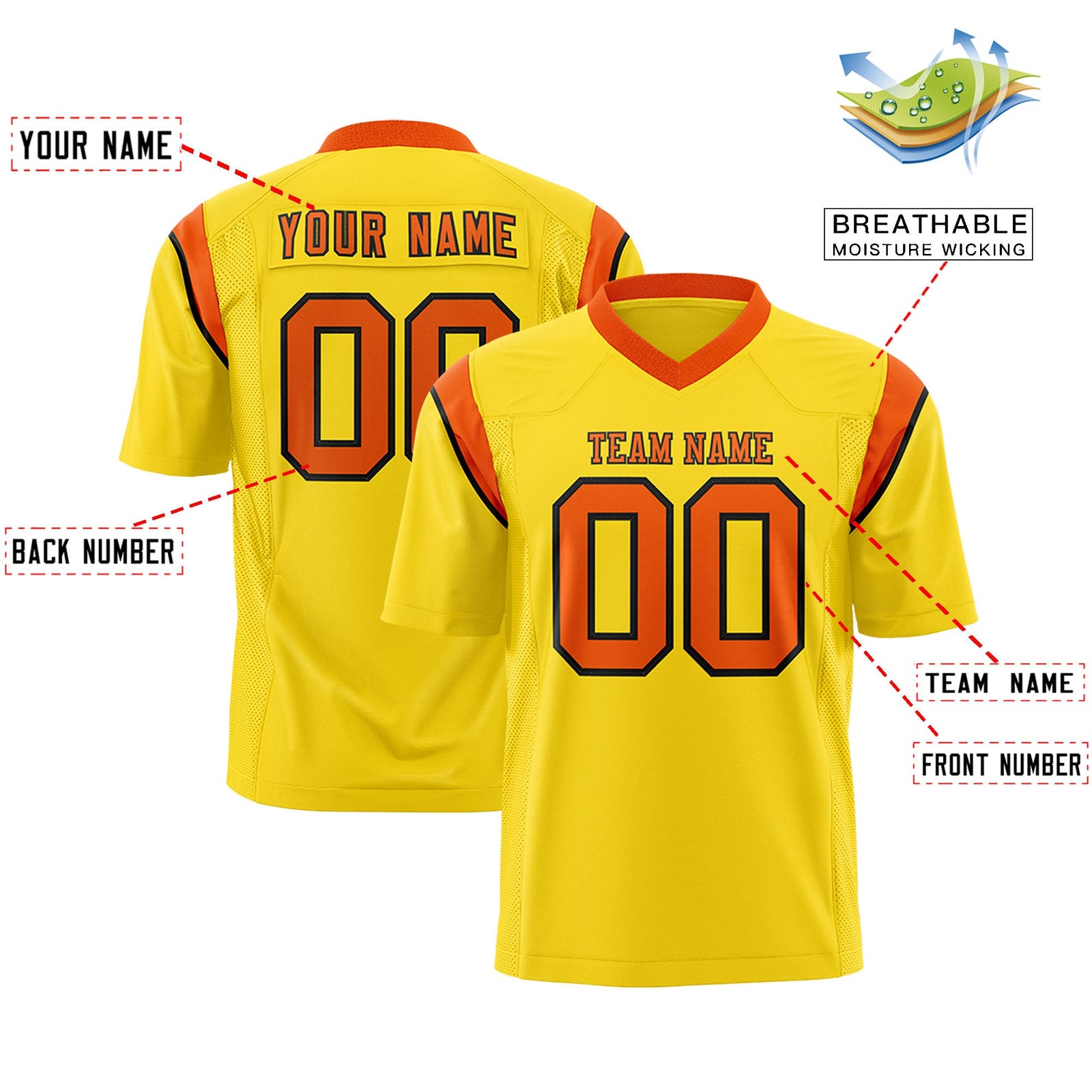 Custom Flag Football Jersey | Gold Orange Color Block For Youth & Men | Add Name, Number & Logo | KXKSHOP