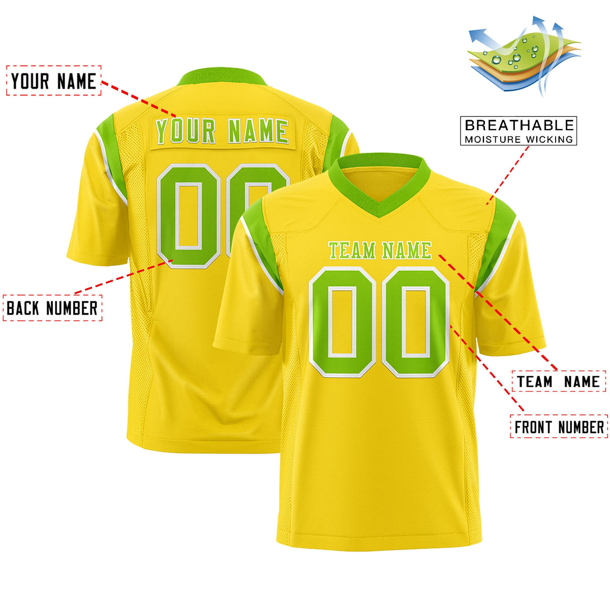 Custom Flag Football Jersey | Gold Neon Green Color Block For Youth &amp; Men | Add Name, Number &amp; Logo | KXKSHOP