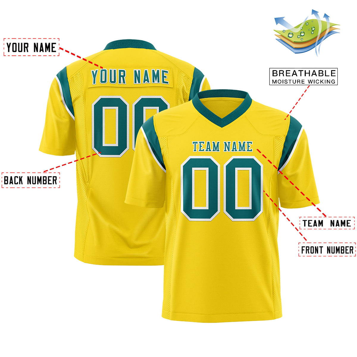 Custom Flag Football Jersey | Gold Aqua Color Block For Youth &amp; Men | Add Name, Number &amp; Logo | KXKSHOP