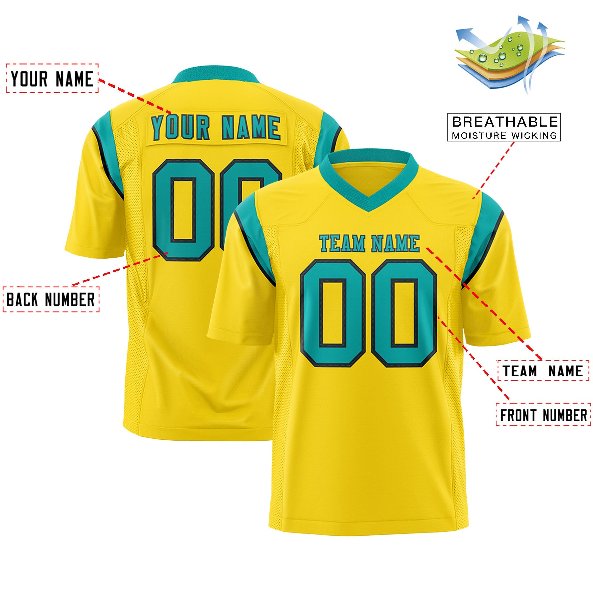 Custom Flag Football Jersey | Gold Aqua Color Block For Youth & Men | Add Name, Number & Logo | KXKSHOP
