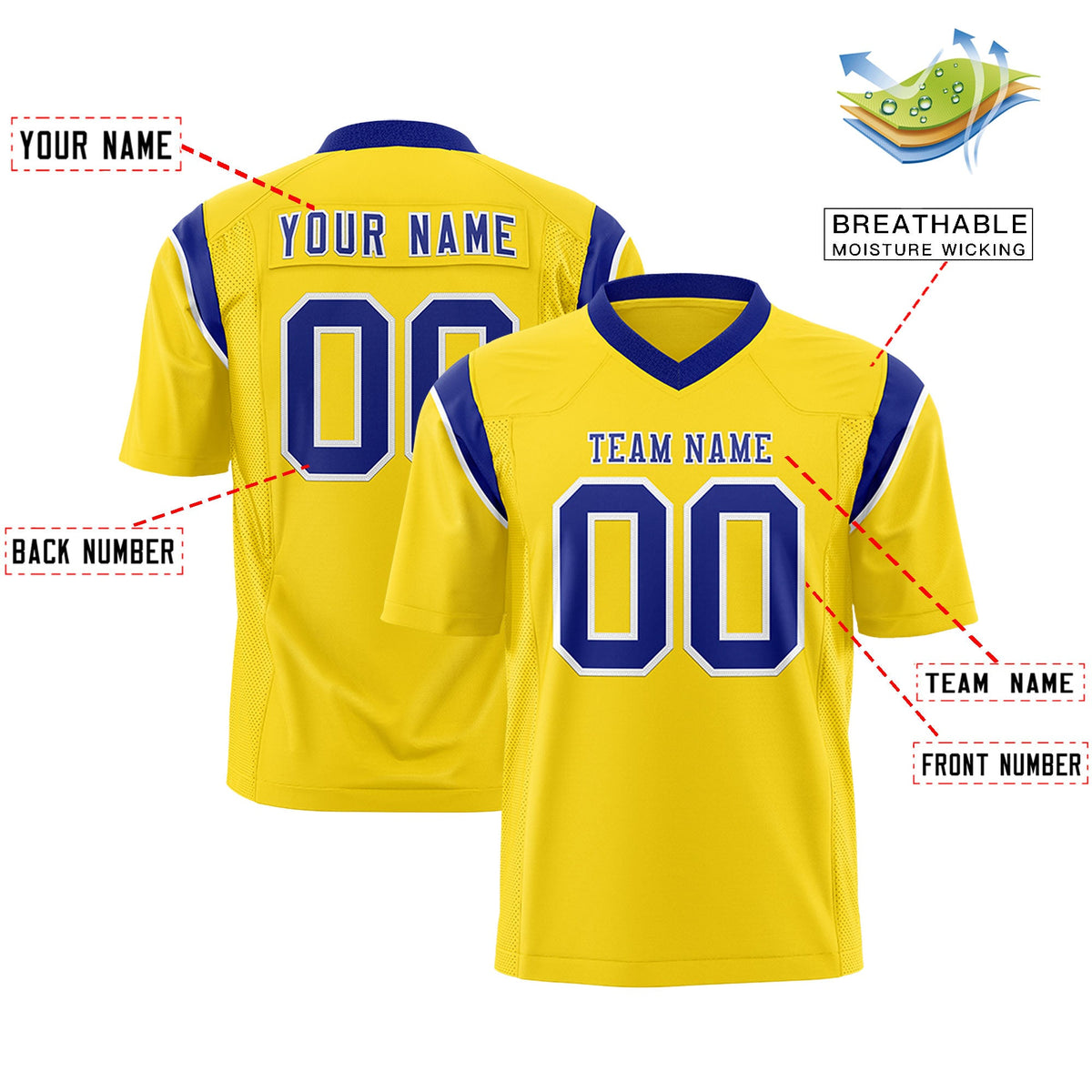 Custom Flag Football Jersey | Gold Royal Color Block For Youth &amp; Men | Add Name, Number &amp; Logo | KXKSHOP