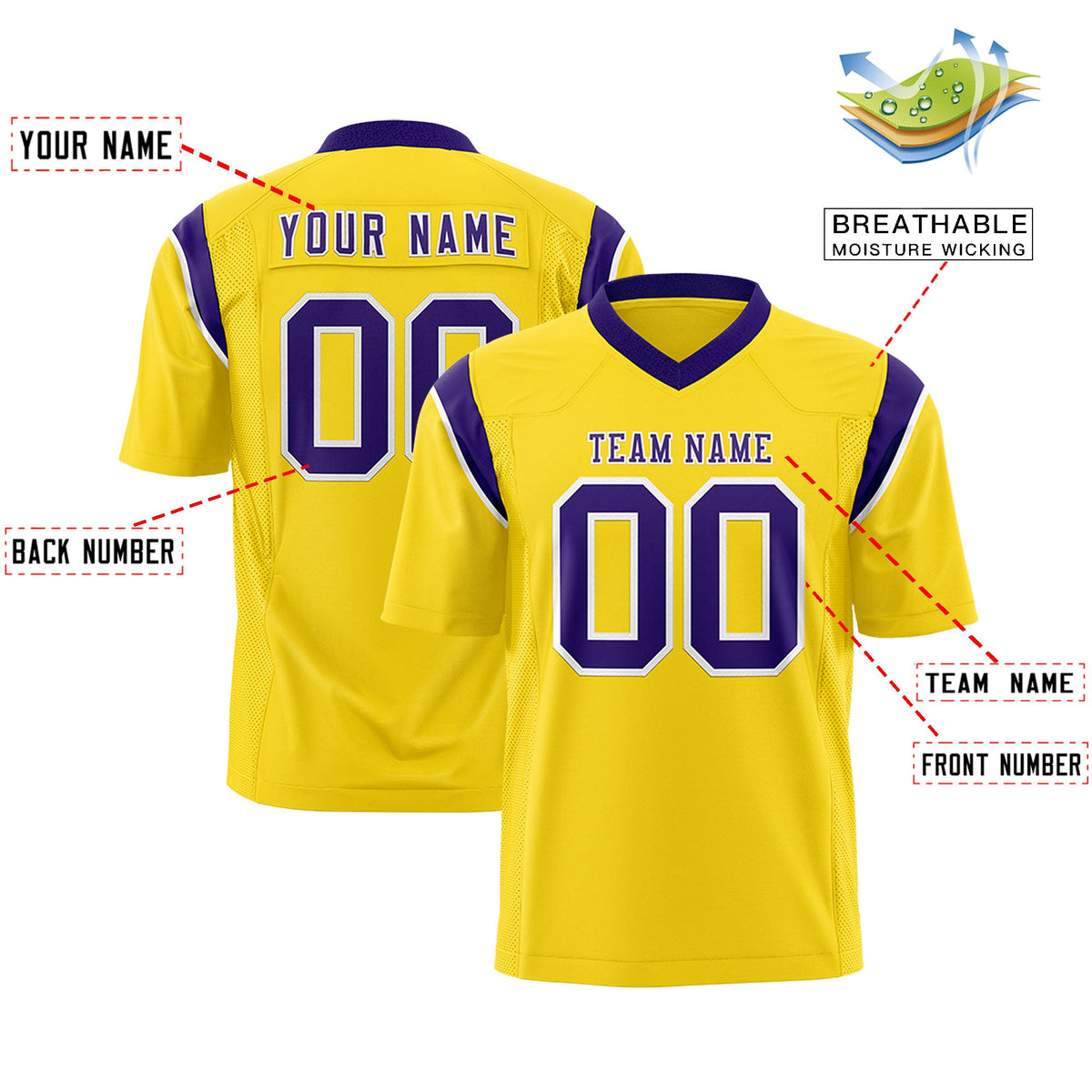Custom Flag Football Jersey | Gold Purple Color Block For Youth &amp; Men | Add Name, Number &amp; Logo | KXKSHOP