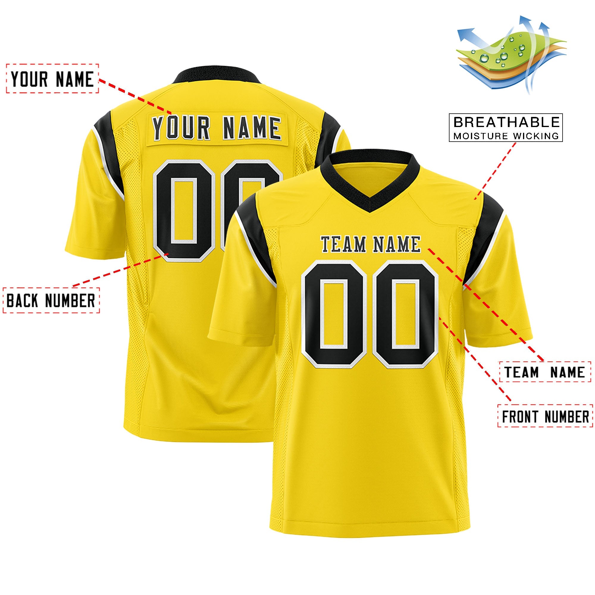 Custom Flag Football Jersey | Gold Black Color Block For Youth & Men | Add Name, Number & Logo | KXKSHOP
