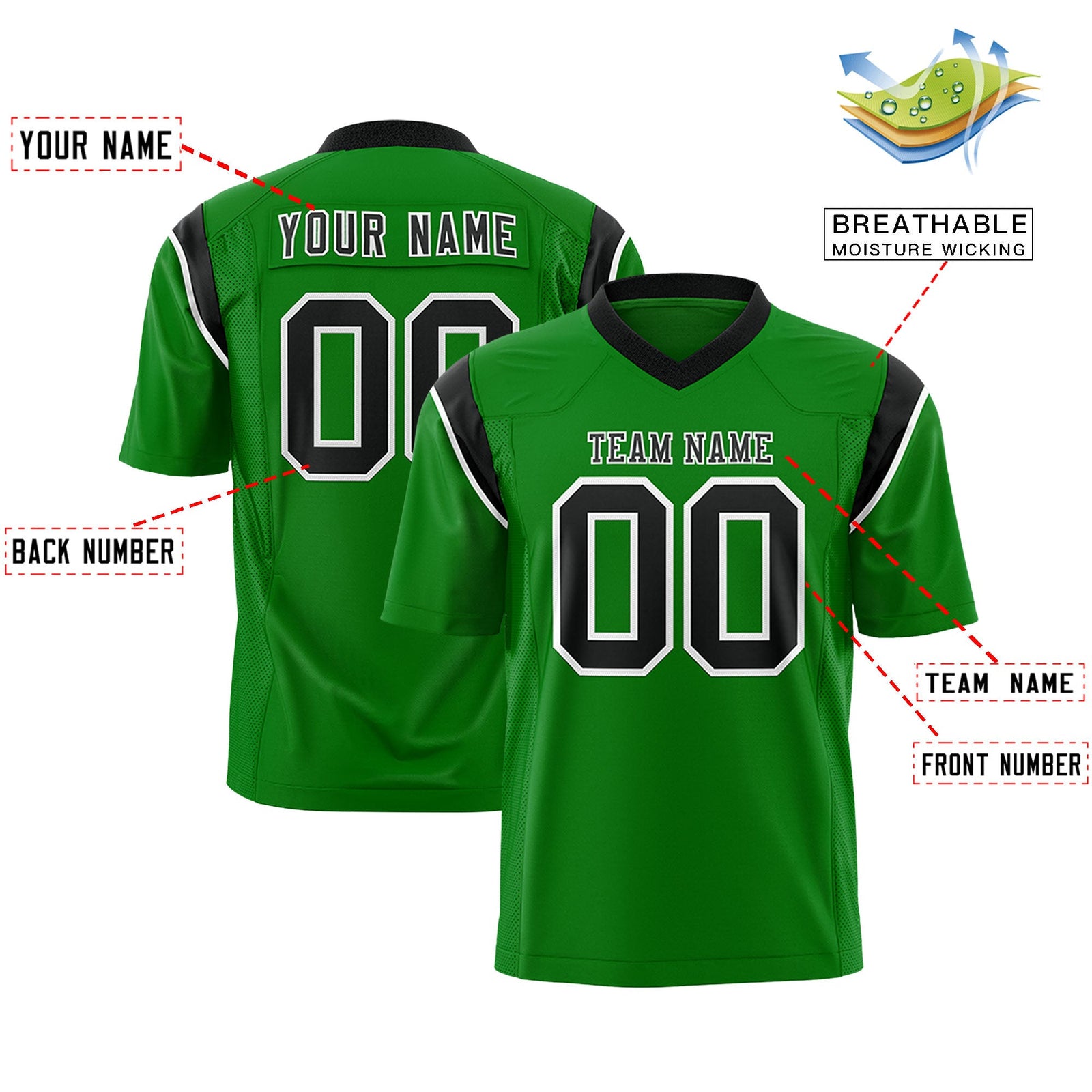Custom Flag Football Jersey | Kelly Green Black Color Block For Youth & Men | Add Name, Number & Logo | KXKSHOP