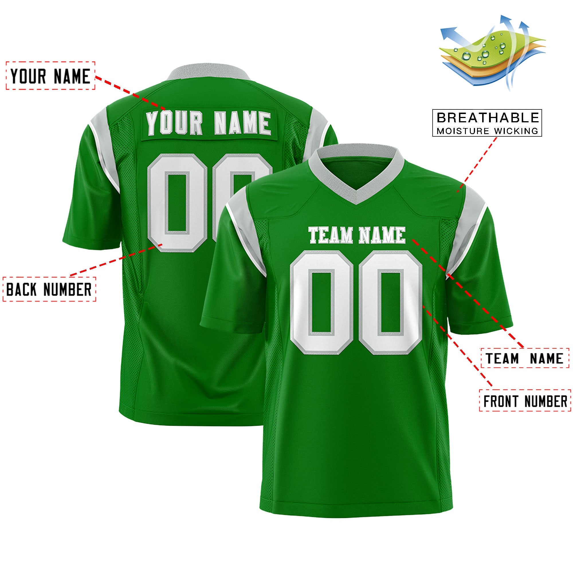 Custom Flag Football Jersey | Kelly Green Gray Color Block For Youth & Men | Add Name, Number & Logo | KXKSHOP
