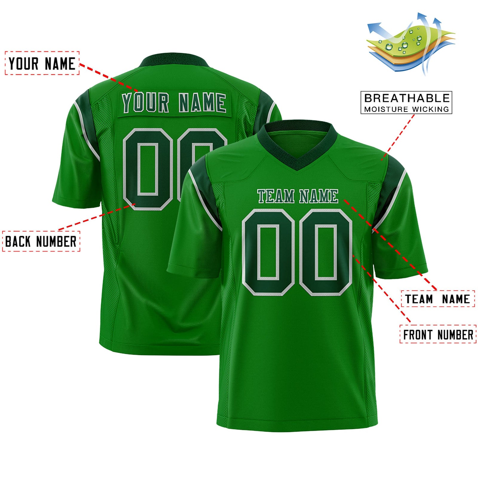 Custom Flag Football Jersey | Kelly Green Green Color Block For Youth & Men | Add Name, Number & Logo | KXKSHOP