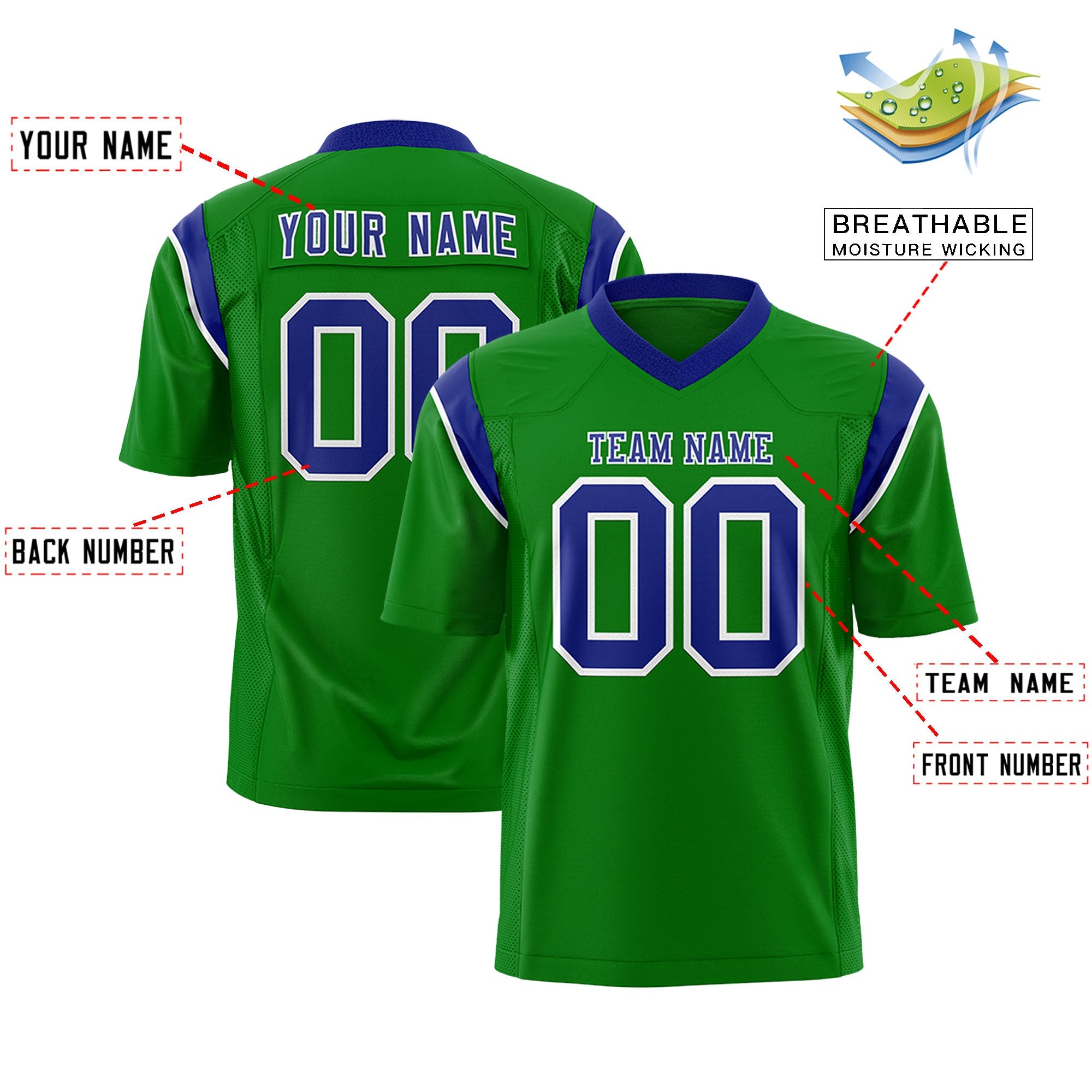 Custom Flag Football Jersey | Kelly Green Royal Color Block For Youth & Men | Add Name, Number & Logo | KXKSHOP