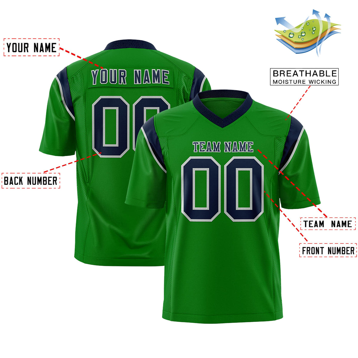 Custom Flag Football Jersey | Kelly Green Navy Color Block For Youth &amp; Men | Add Name, Number &amp; Logo | KXKSHOP