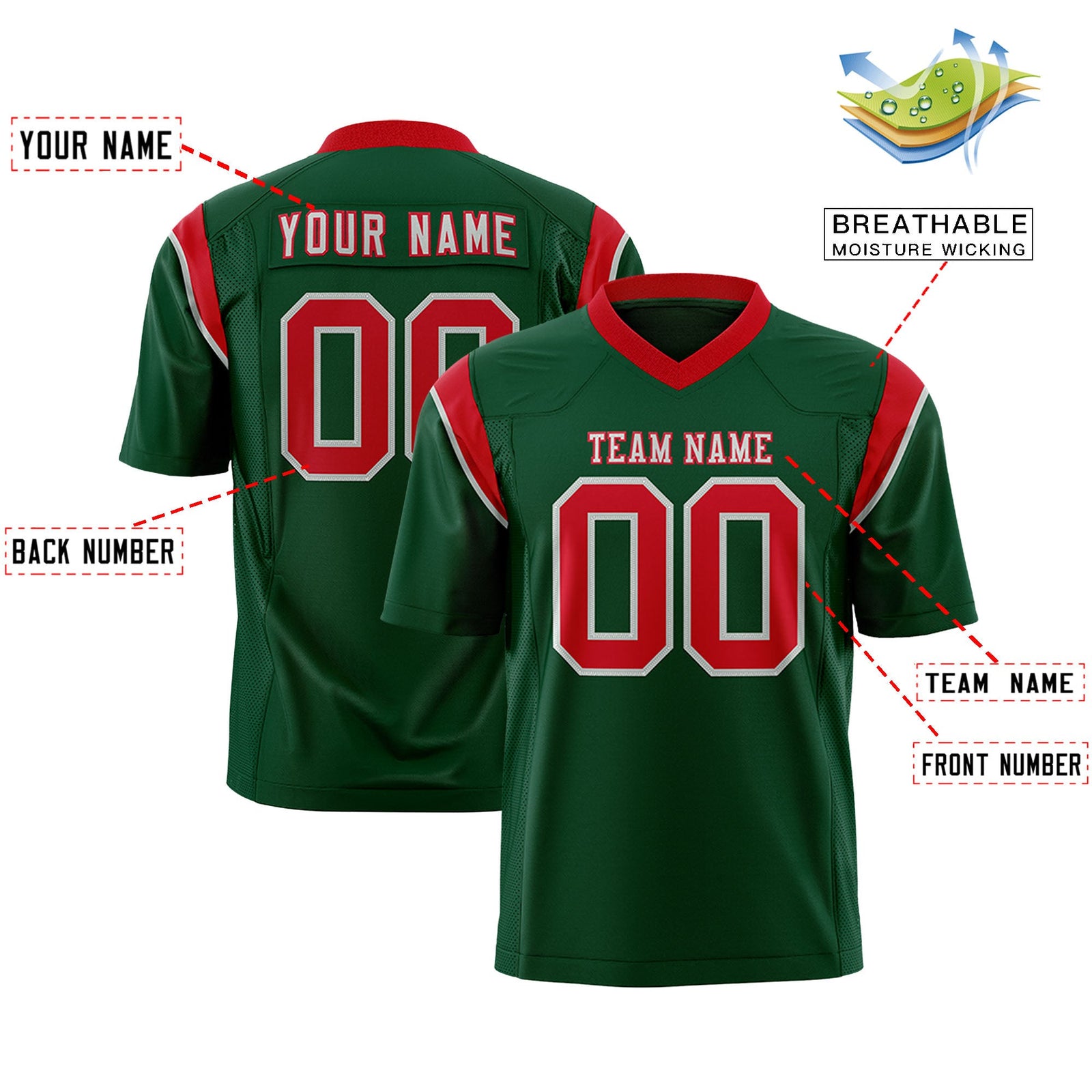 Custom Flag Football Jersey | Green Red Color Block For Youth & Men | Add Name, Number & Logo | KXKSHOP