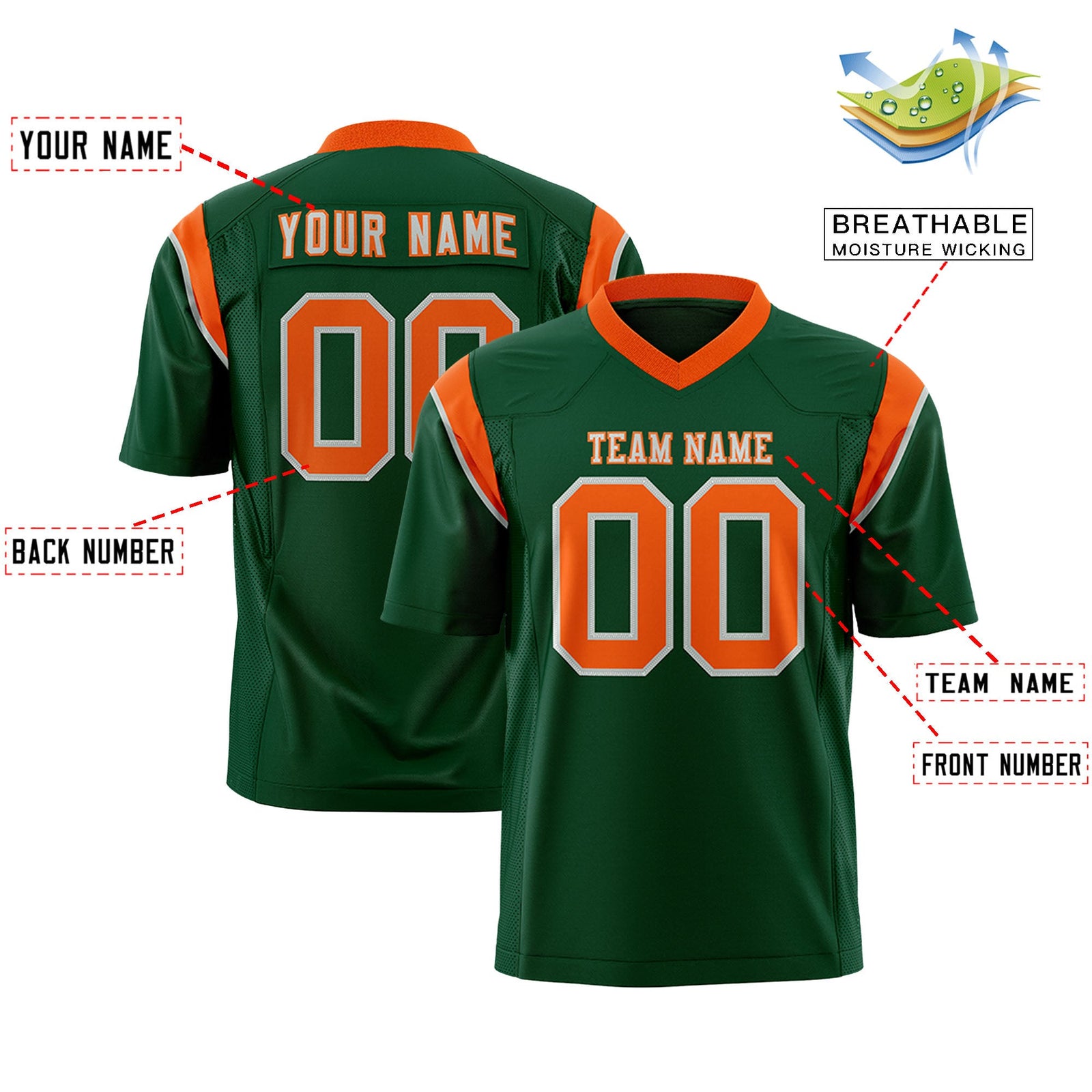 Custom Flag Football Jersey | Green Orange Color Block For Youth & Men | Add Name, Number & Logo | KXKSHOP