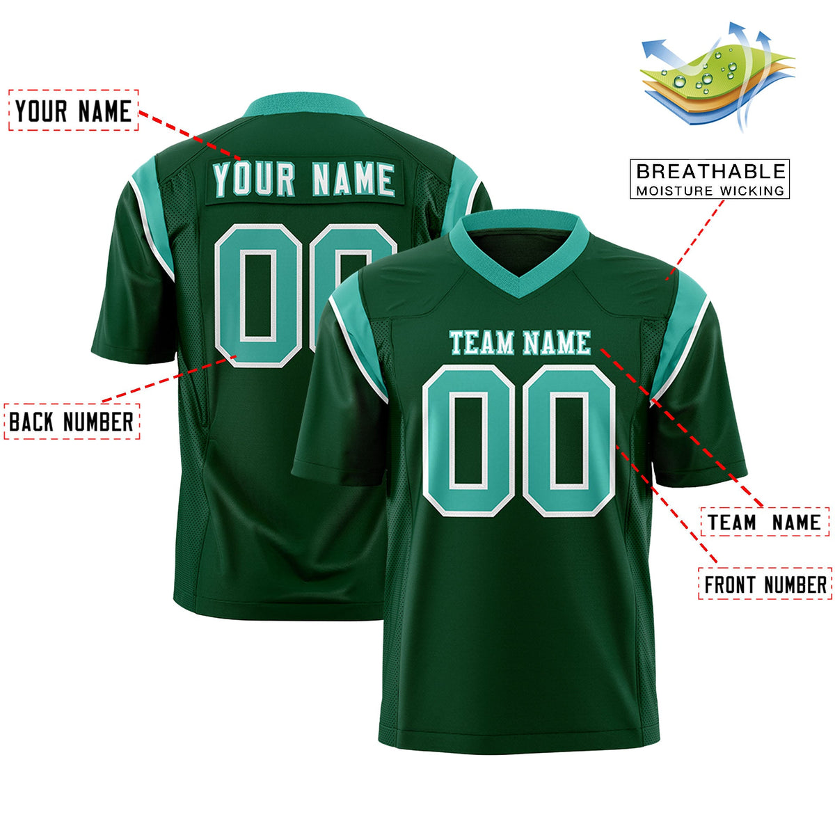 Custom Flag Football Jersey | Green Aqua Color Block For Youth &amp; Men | Add Name, Number &amp; Logo | KXKSHOP
