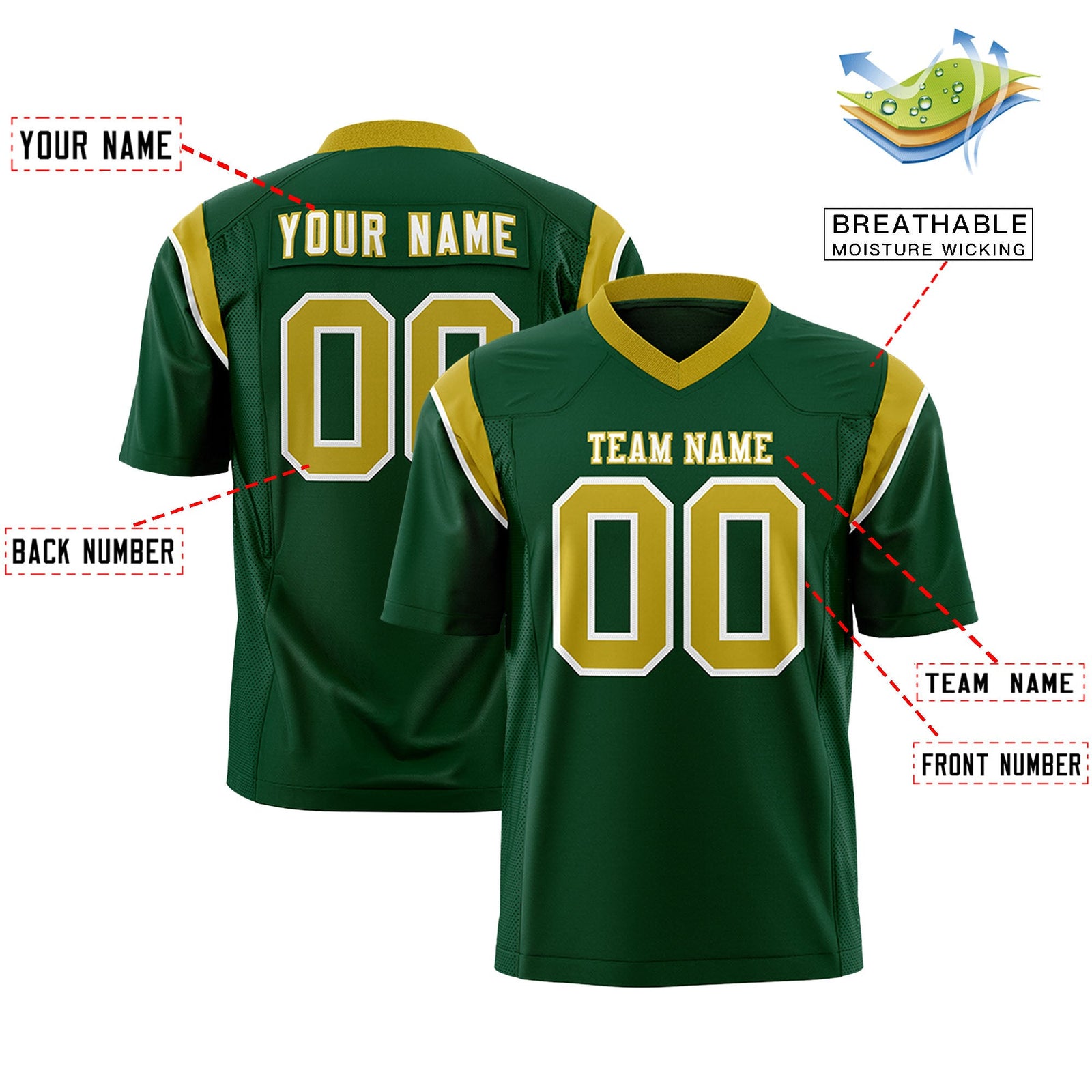 Custom Flag Football Jersey | Green Old Gold Color Block For Youth & Men | Add Name, Number & Logo | KXKSHOP