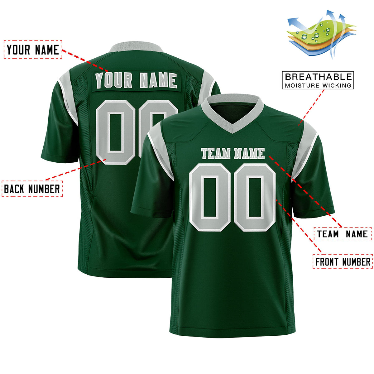 Custom Flag Football Jersey | Green Gray Color Block For Youth &amp; Men | Add Name, Number &amp; Logo | KXKSHOP