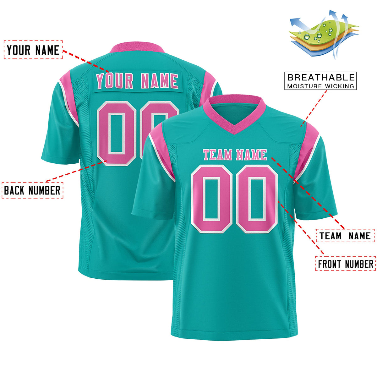 Custom Flag Football Jersey | Aqua Pink Color Block For Youth &amp; Men | Add Name, Number &amp; Logo | KXKSHOP