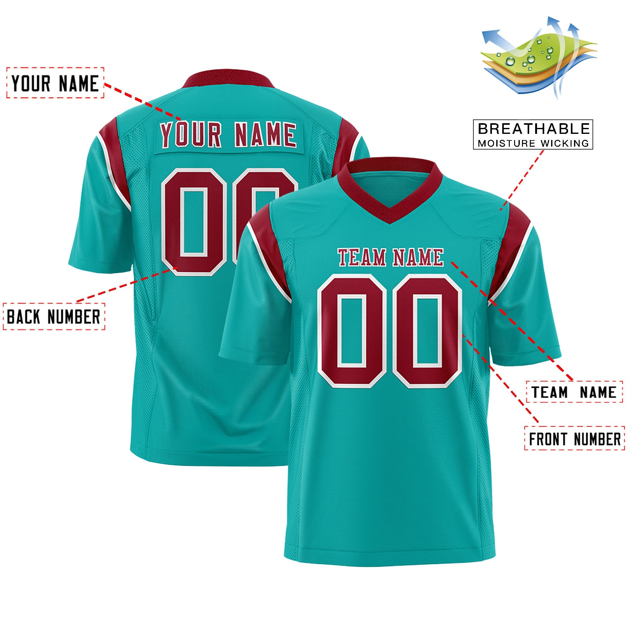 Custom Aqua Cardinal Personalized Shoulder Cut Two-Tone Authentic Football Jersey