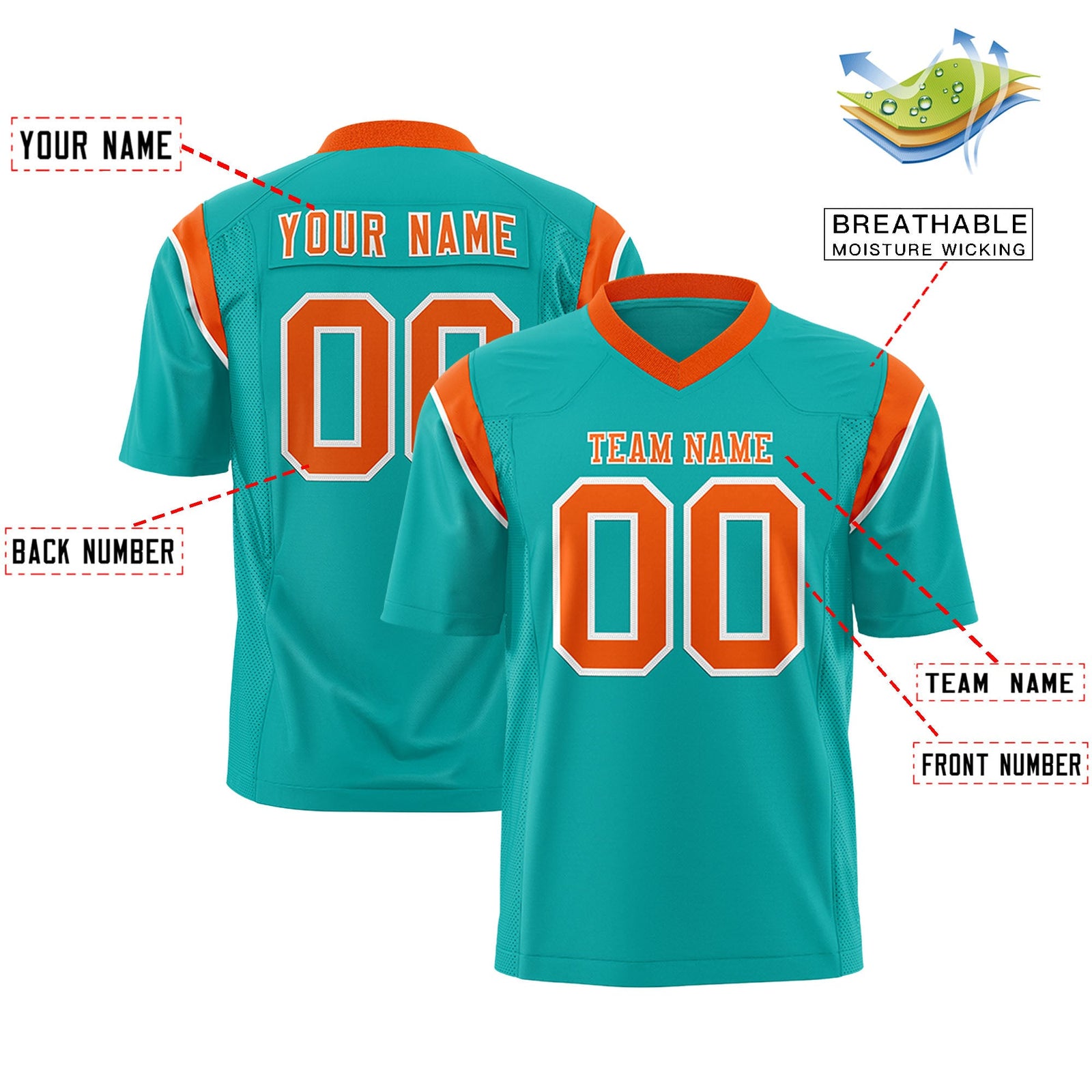 Custom Flag Football Jersey | Aqua Orange Color Block For Youth & Men | Add Name, Number & Logo | KXKSHOP