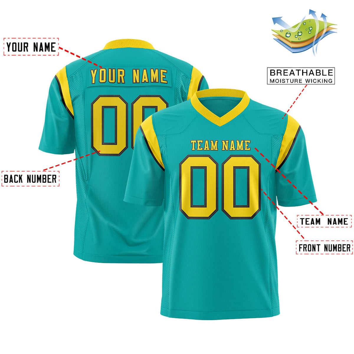 Custom Flag Football Jersey | Aqua Gold Color Block For Youth &amp; Men | Add Name, Number &amp; Logo | KXKSHOP