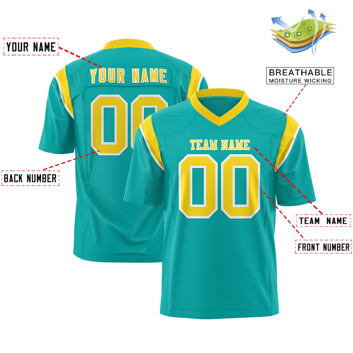 Custom Flag Football Jersey | Aqua Gold Color Block For Youth &amp; Men | Add Name, Number &amp; Logo | KXKSHOP