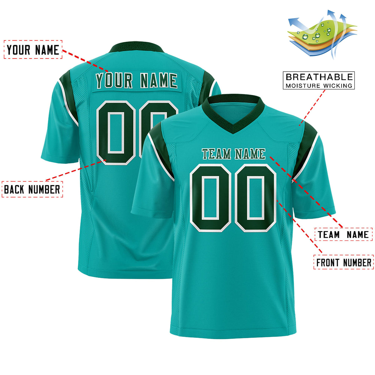 Custom Flag Football Jersey | Aqua Green Color Block For Youth &amp; Men | Add Name, Number &amp; Logo | KXKSHOP